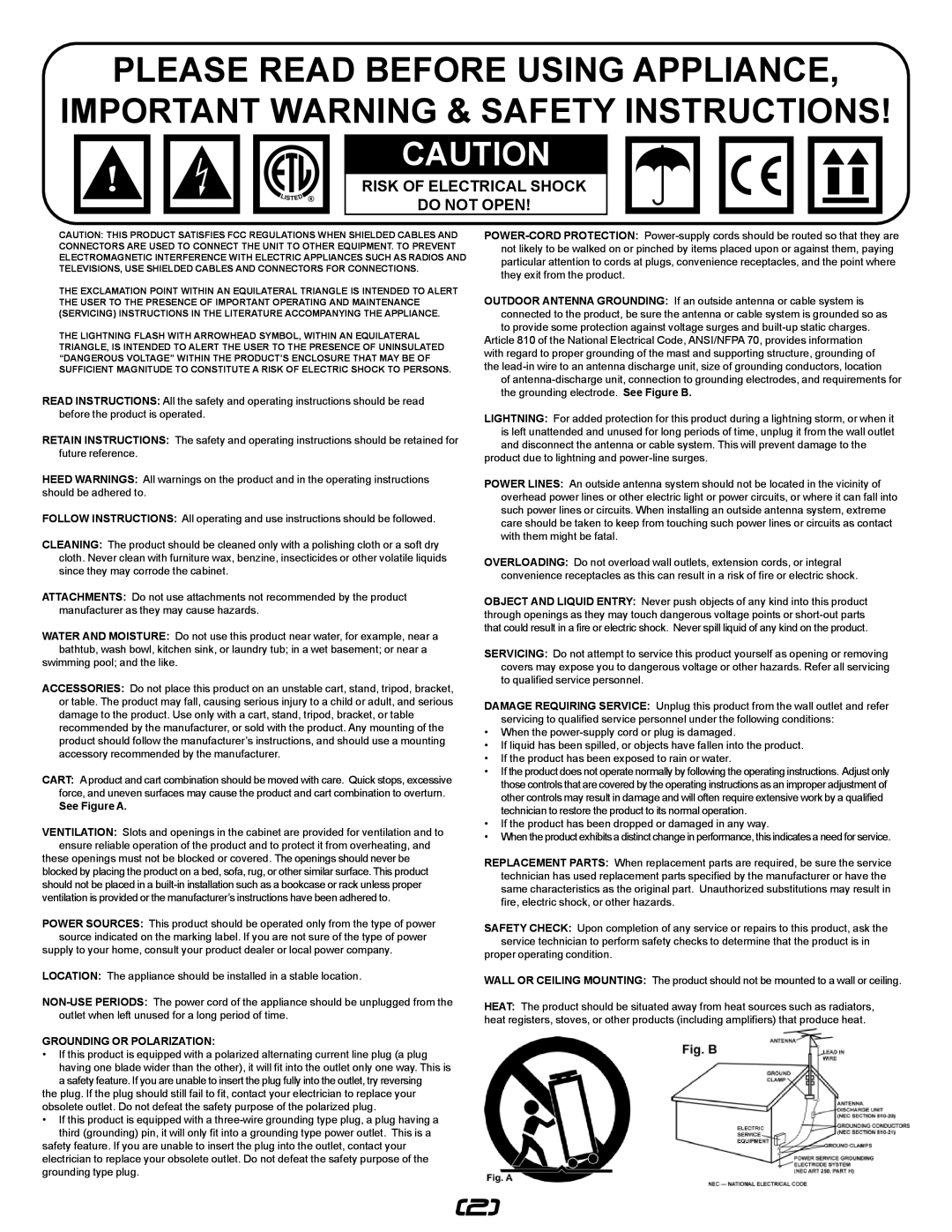 Gemini UZ-9128, UZ-1128 manual Please Read Before Using Appliance, Important Warning & Safety Instructions, See Figure A 