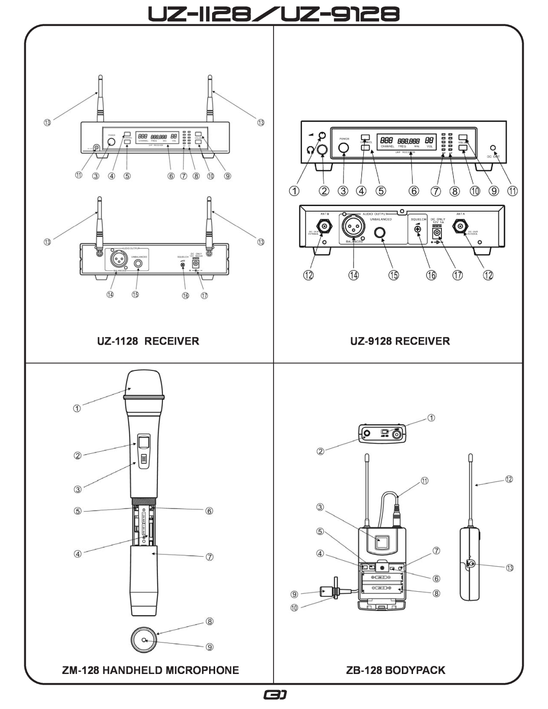 Gemini manual UZ-ii28/UZ-9128, UZ-1128RECEIVER, UZ-9128RECEIVER, ZM-128HANDHELD MICROPHONE, ZB-128BODYPACK 