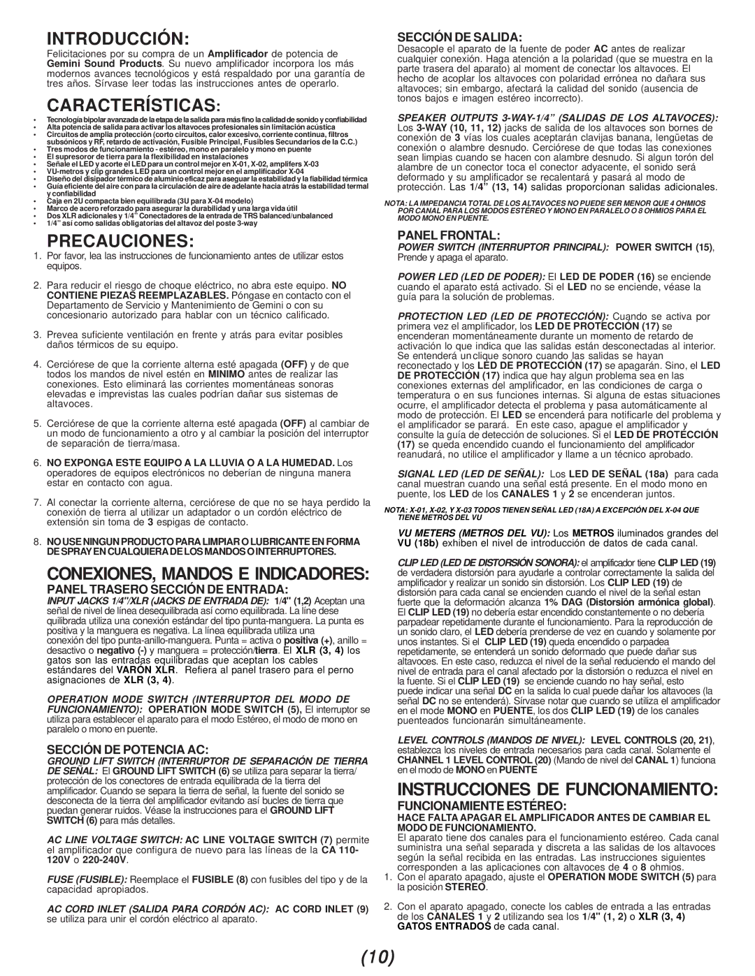 Gemini X-02, X-03, X-01 manual Introducción, Características, Precauciones, Instrucciones DE Funcionamiento 