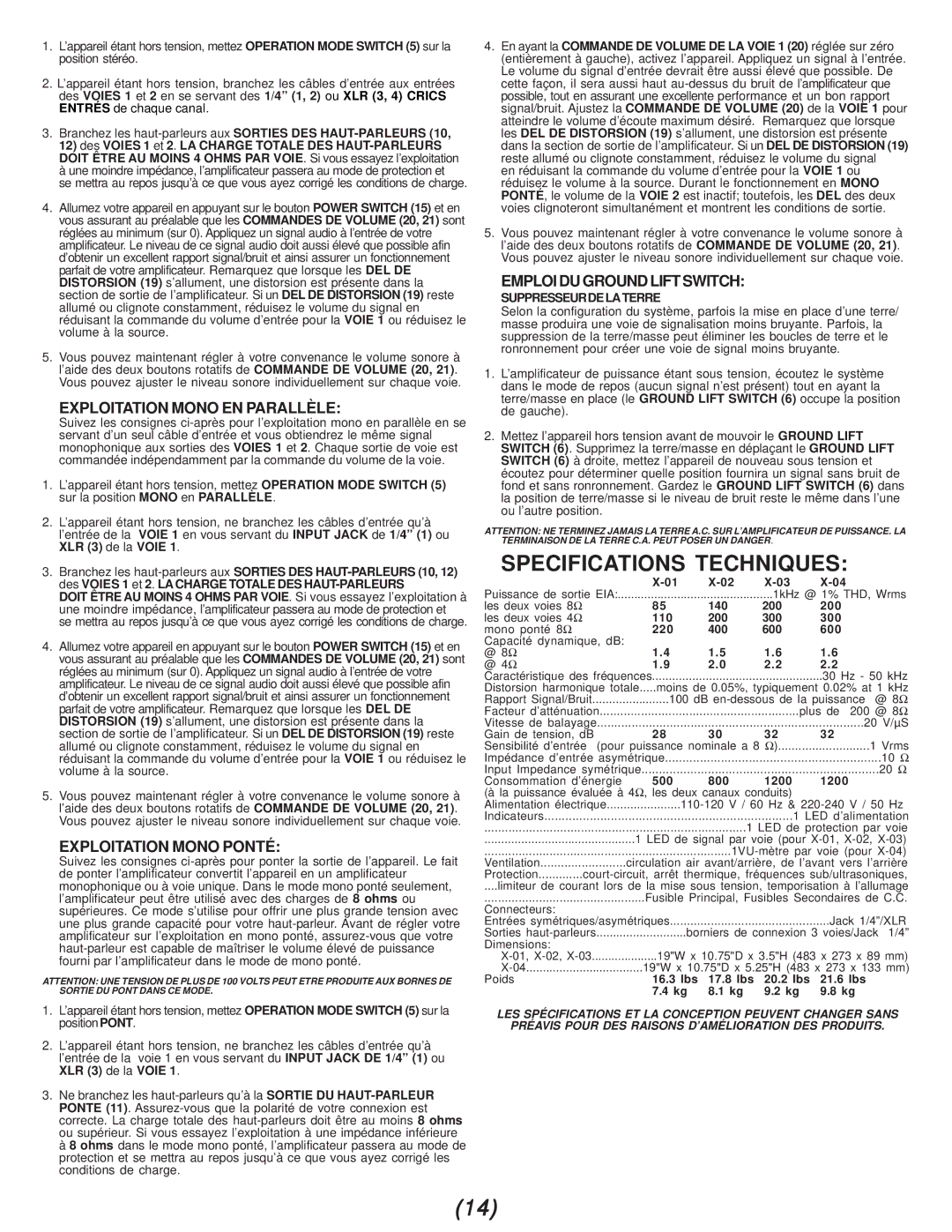 Gemini X-01, X-03, X-02 manual Specifications Techniques, Exploitation Mono EN Parallèle, Exploitation Mono Ponté 