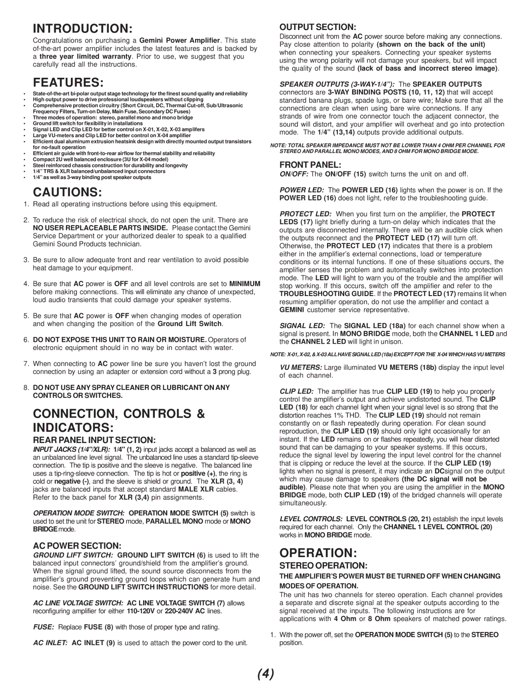 Gemini X-02, X-03, X-01 manual Introduction, Features, CONNECTION, Controls Indicators, Operation 