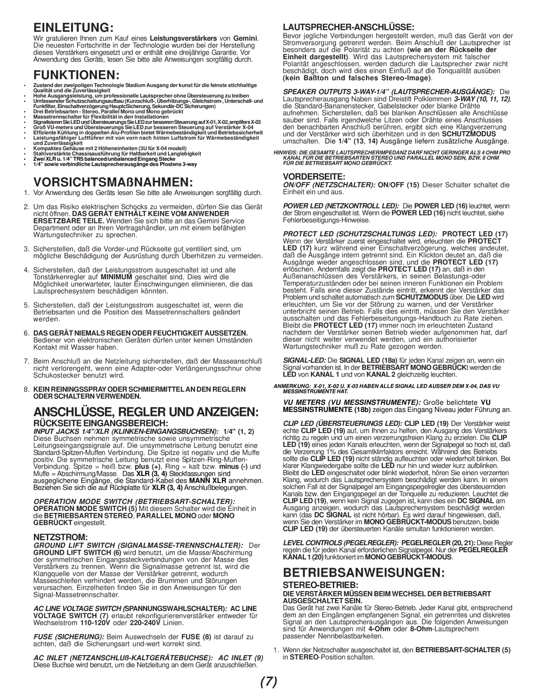 Gemini X-02, X-03, X-01 manual Einleitung, Funktionen, Betriebsanweisungen 