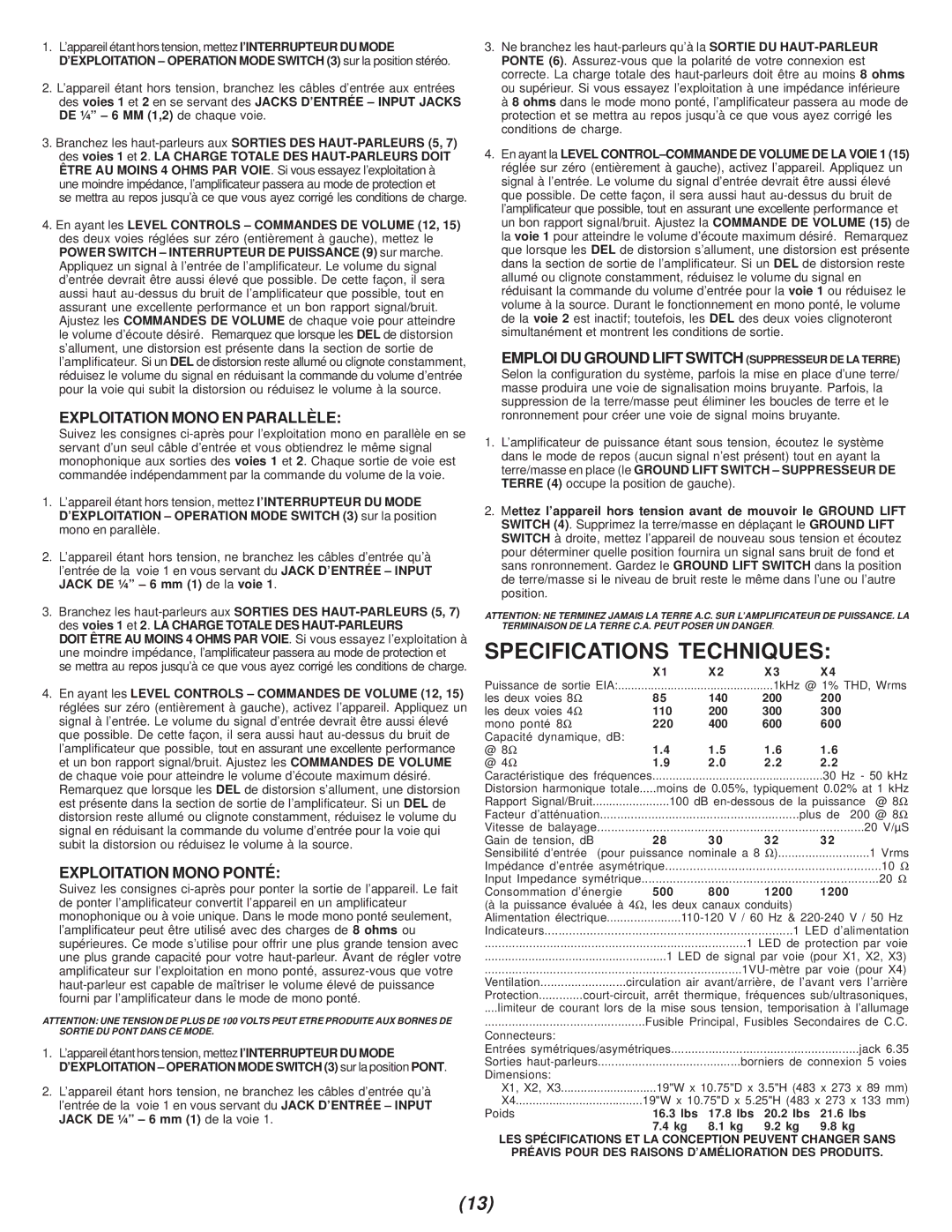 Gemini X1, X3, X4, X2, Power Amplifier Specifications Techniques, Exploitation Mono EN Parallèle, Exploitation Mono Ponté 