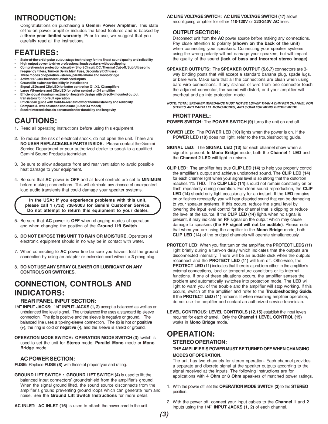 Gemini X1, X3, X4, X2, Power Amplifier manual Introduction, Features, CONNECTION, Controls and Indicators, Operation 