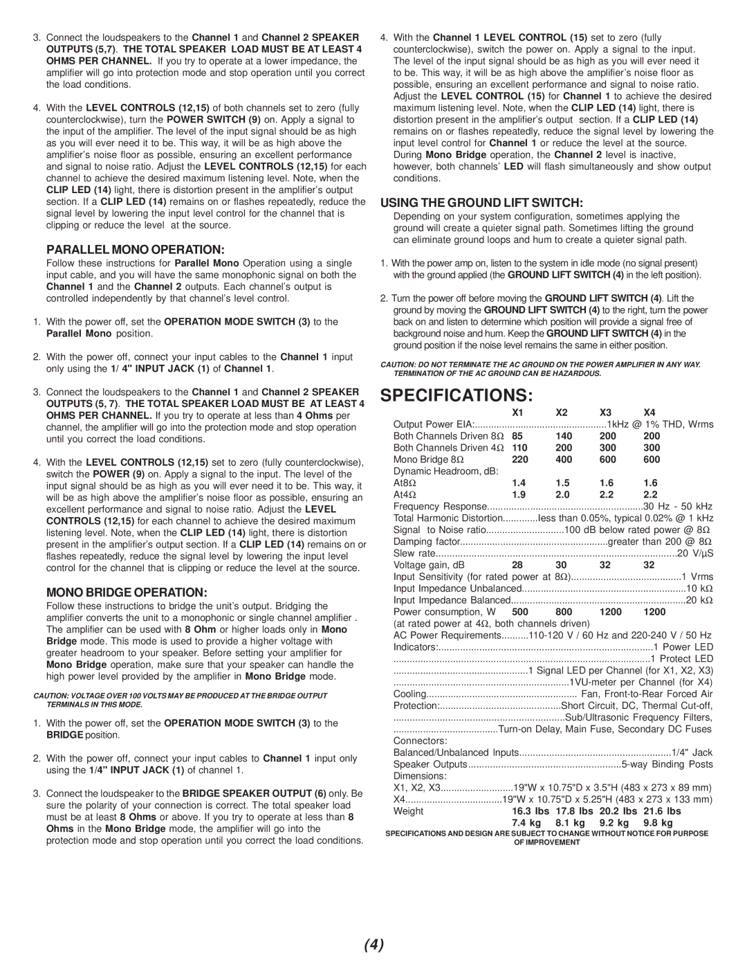 Gemini Power Amplifier, X3, X4 Specifications, Parallel Mono Operation, Mono Bridge Operation, Using the Ground Lift Switch 