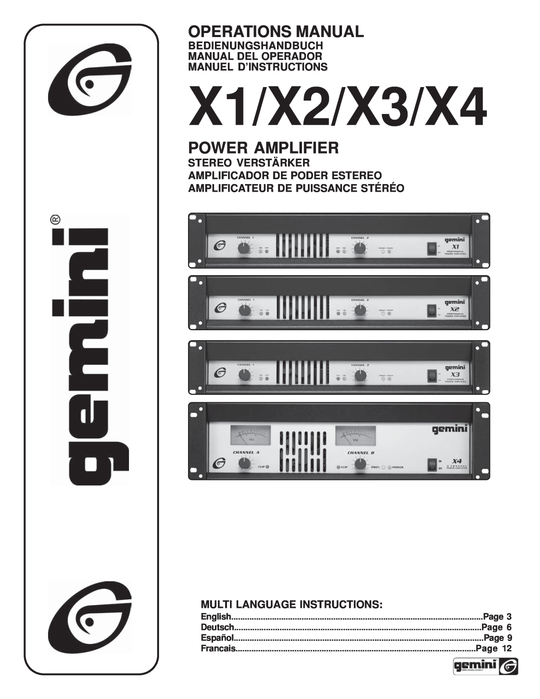 Gemini X4 manual Bedienungshandbuch Manual Del Operador, Manuel D’Instructions, Amplificateur De Puissance Stéréo, Page 