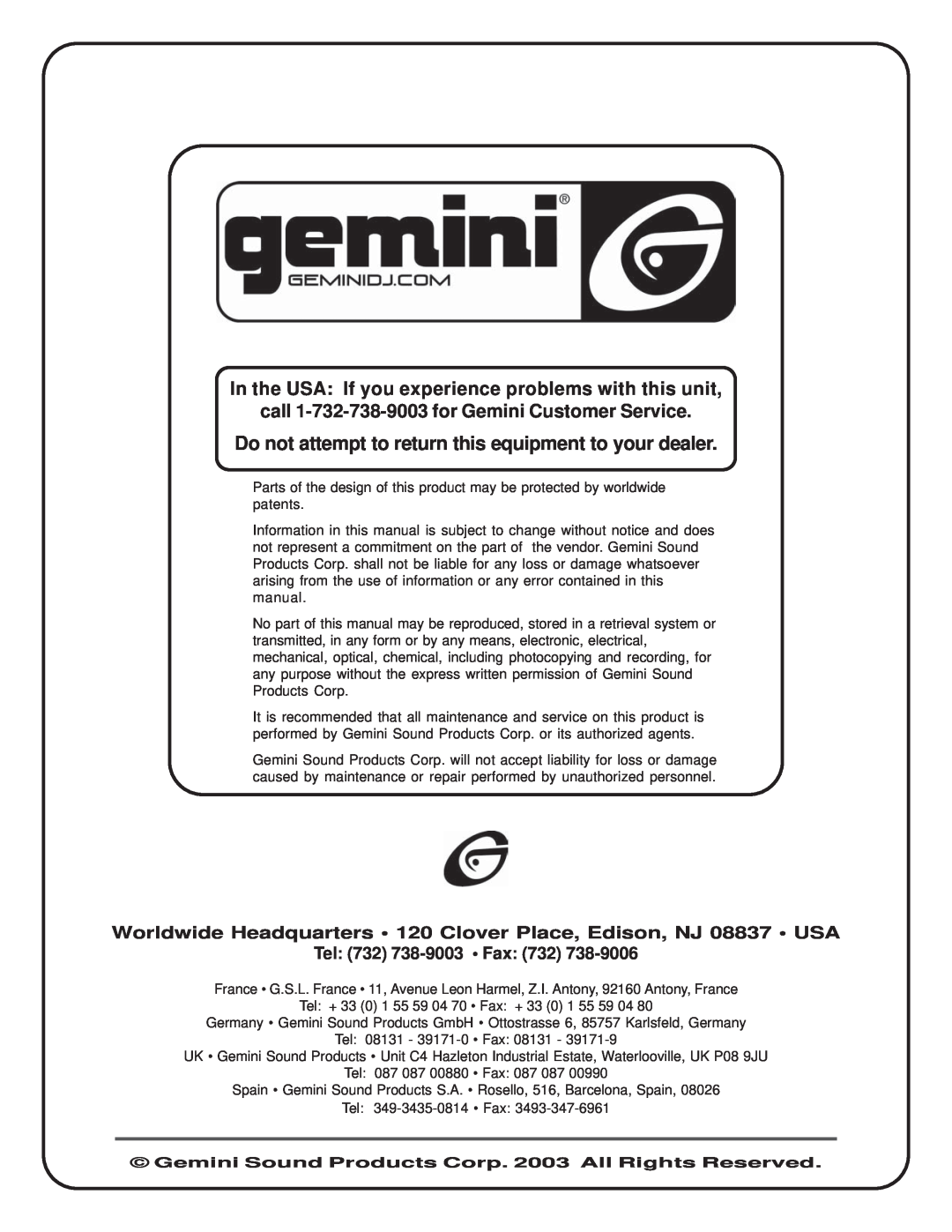 Gemini X4, X3, X2, X1, Power Amplifier manual call 1-732-738-9003for Gemini Customer Service, Tel 732 738-9003 Fax 