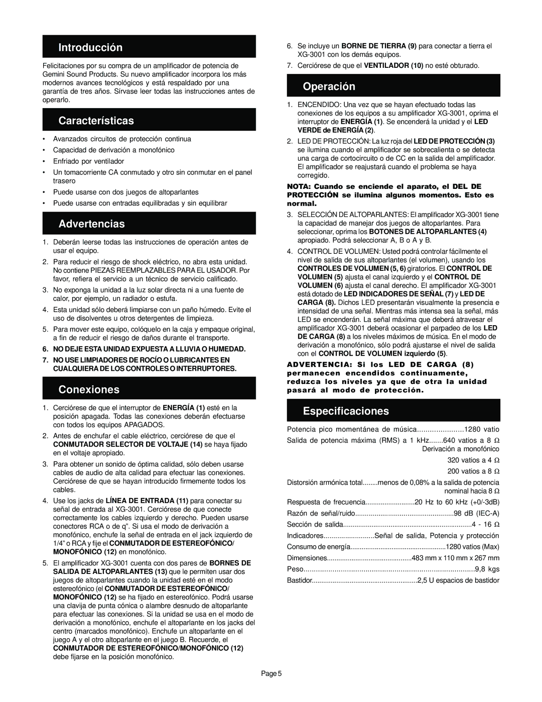 Gemini XG-3001 manual Introducción, Características, Advertencias, Conexiones, Operación, Especificaciones 