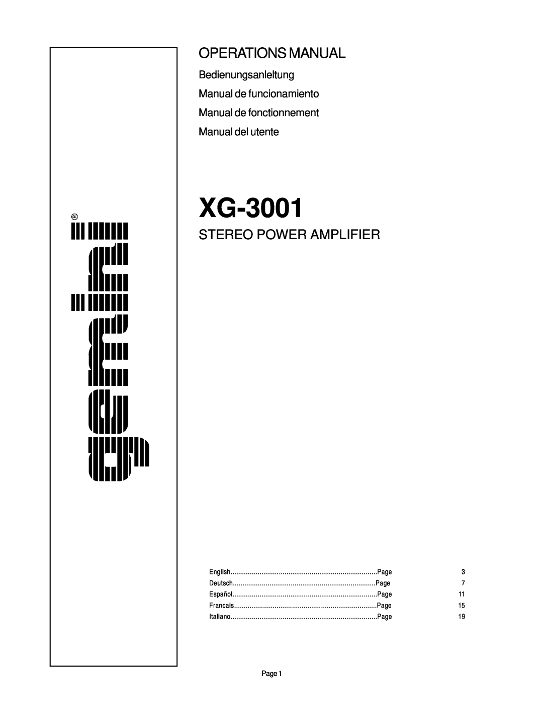 Gemini XG-3001 manual Operations Manual, Stereo Power Amplifier, Bedienungsanleltung Manual de funcionamiento 