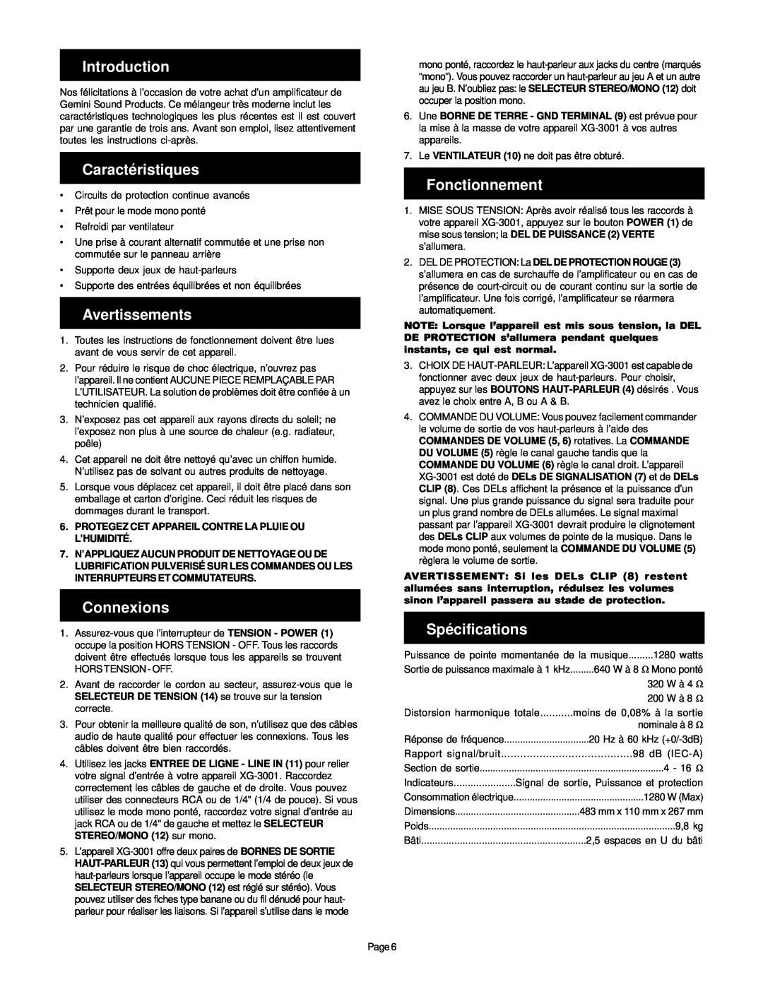 Gemini XG-3001 manual Caractéristiques, Avertissements, Connexions, Fonctionnement, Spécifications, Introduction 