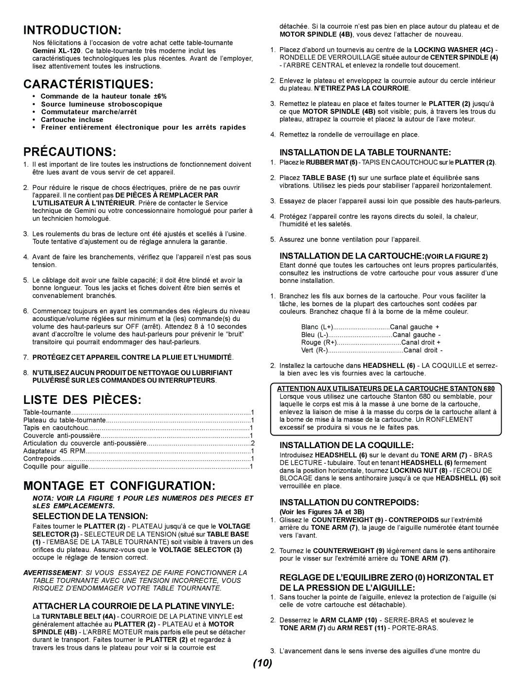 Gemini XL-120 manual Caractéristiques, Précautions, Liste DES Pièces, Montage ET Configuration 