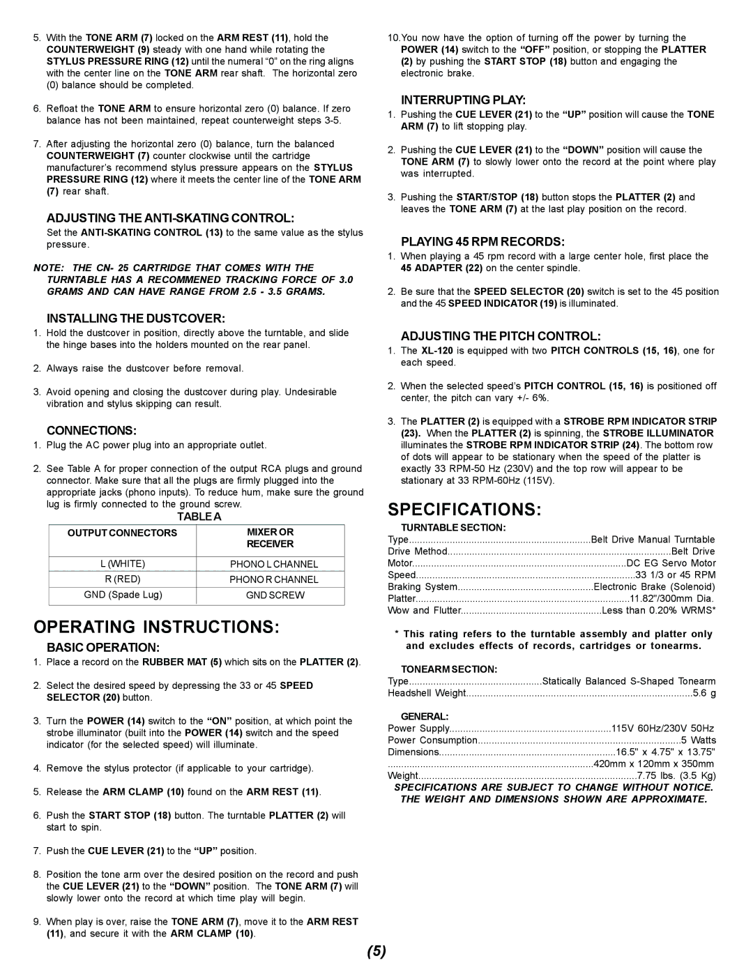 Gemini XL-120 manual Operating Instructions, Specifications 