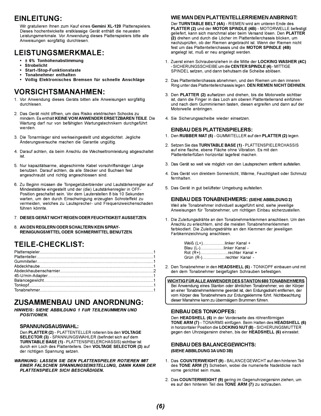 Gemini XL-120 manual Einleitung, Leistungsmerkmale, Vorsichtsmanahmen, Teile-Checklist, Zusammenbau UND Anordnung 