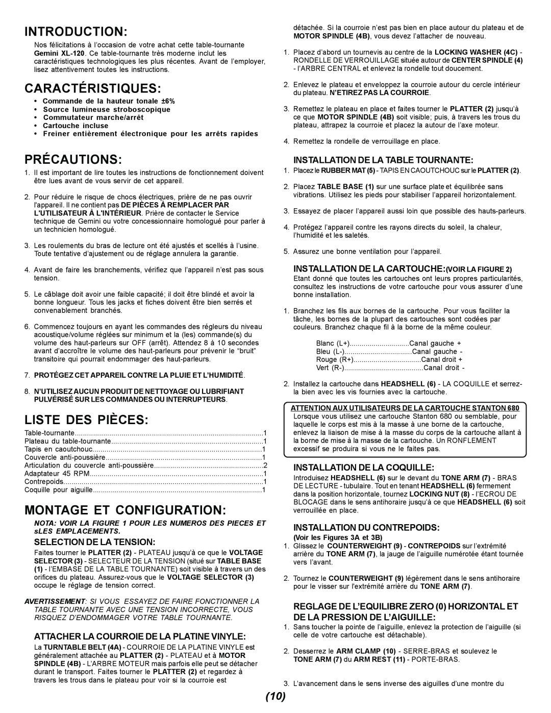 Gemini XL-120 manual Caractéristiques, Précautions, Liste Des Pièces, Montage Et Configuration, Selection De La Tension 