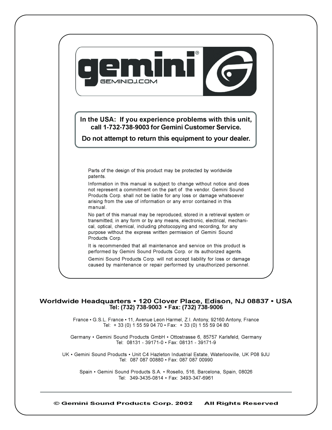 Gemini XL-120 manual call 1-732-738-9003for Gemini Customer Service, Tel 732 738-9003 Fax 
