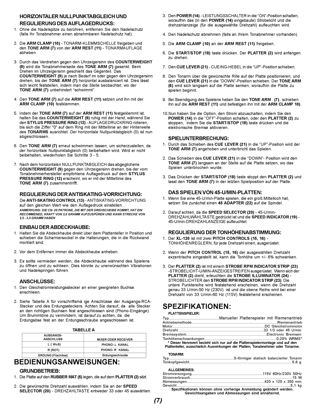 Gemini XL-120 Bedienungsanweisungen, Spezifikationen, Regulierung Der Antiskating-Vorrichtung, Einbau Der Abdeckhaube 