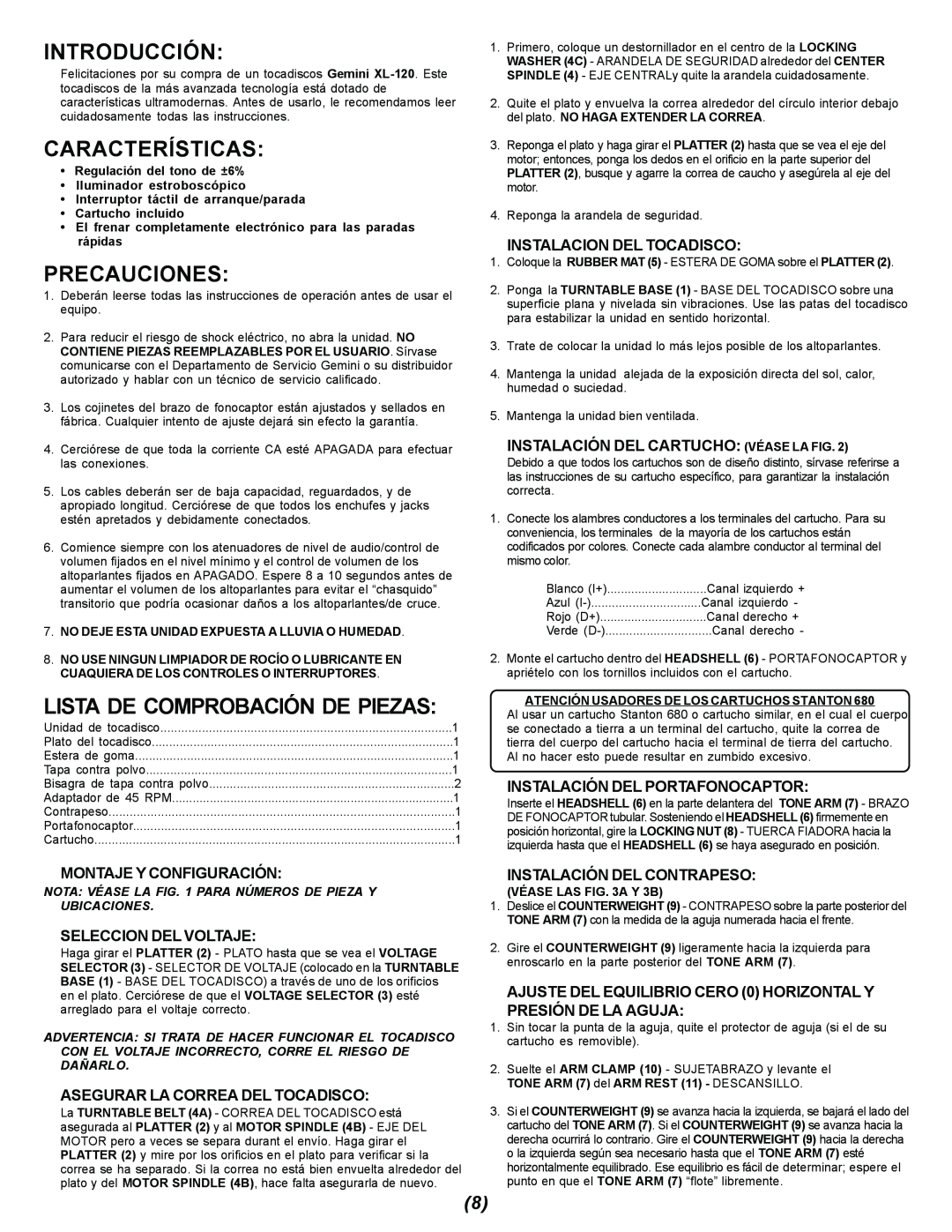 Gemini XL-120 manual Introducción, Características, Precauciones, Montaje Y Configuración, Seleccion Del Voltaje 