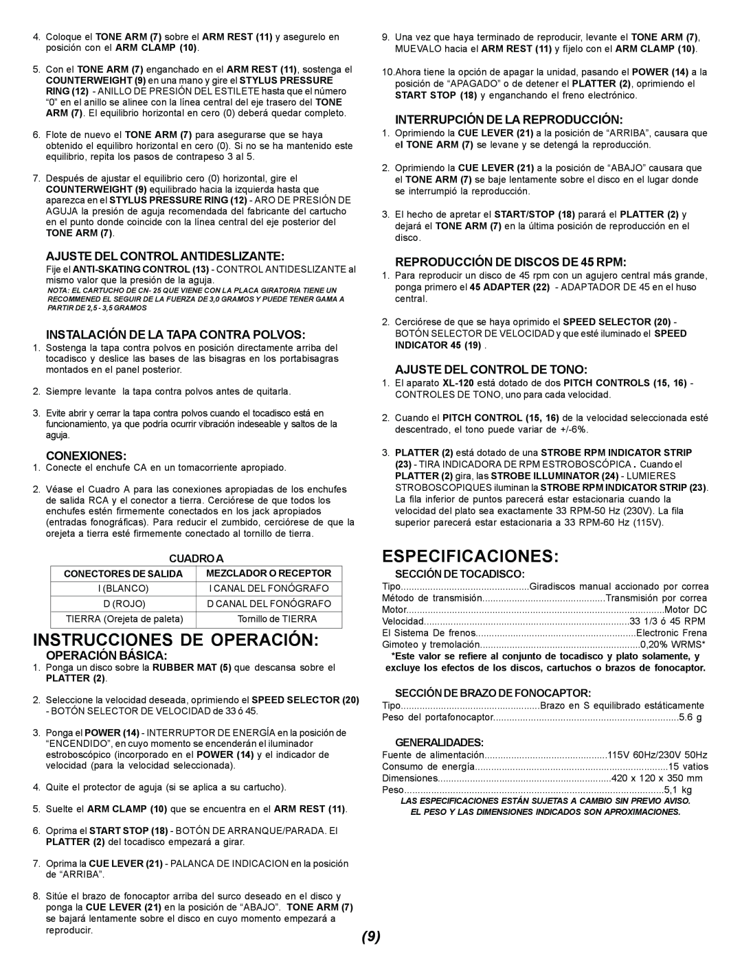 Gemini XL-120 manual Cuadroaespecificaciones, Instrucciones De Operación, Ajuste Del Control Antideslizante, Conexiones 