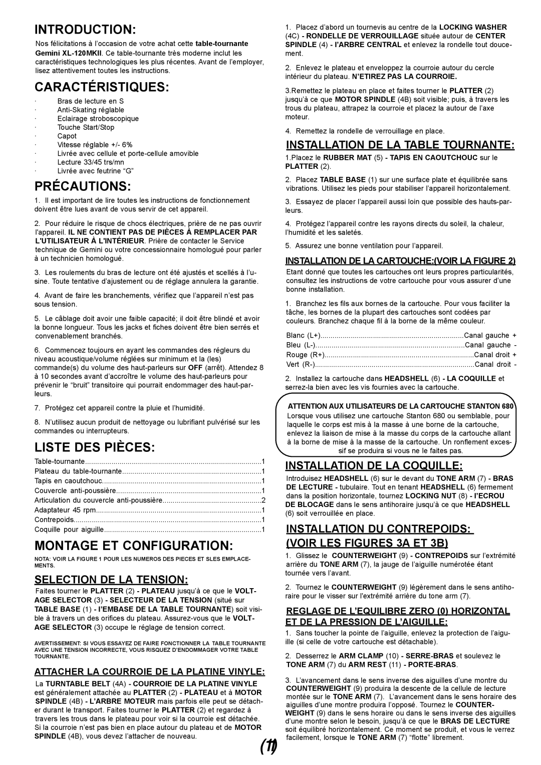 Gemini XL-120MKII manual Caractéristiques, Précautions, Liste DES Pièces, Montage ET Configuration 