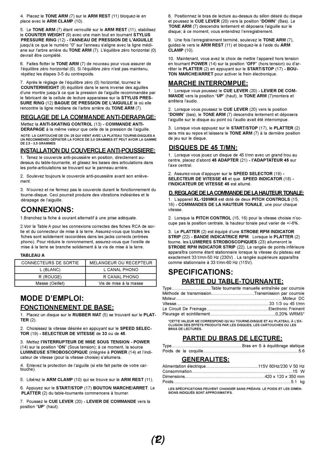 Gemini XL-120MKII manual Connexions, Mode D’EMPLOI 