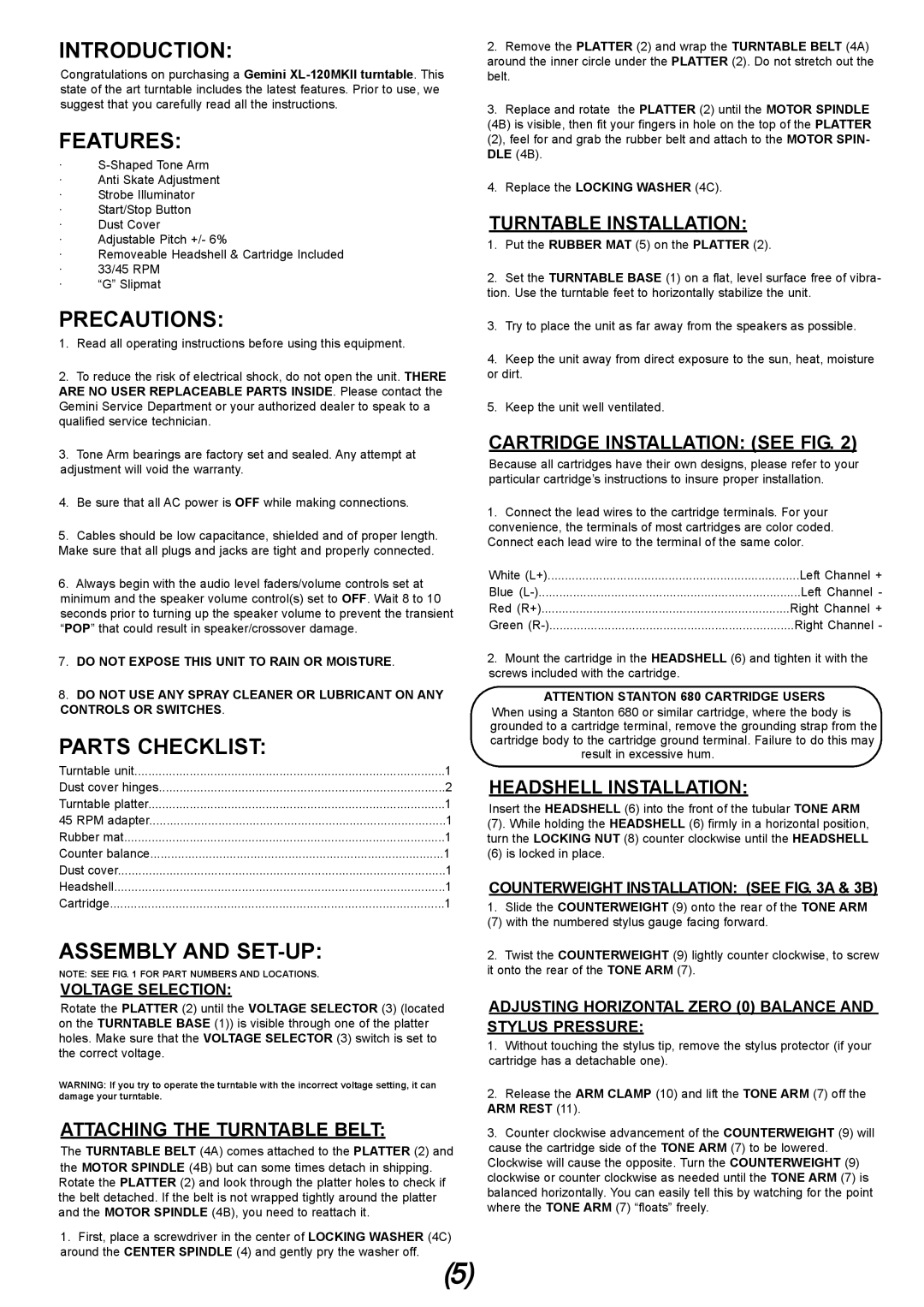 Gemini XL-120MKII manual Introduction, Features, Precautions, Parts Checklist, Assembly and SET-UP 