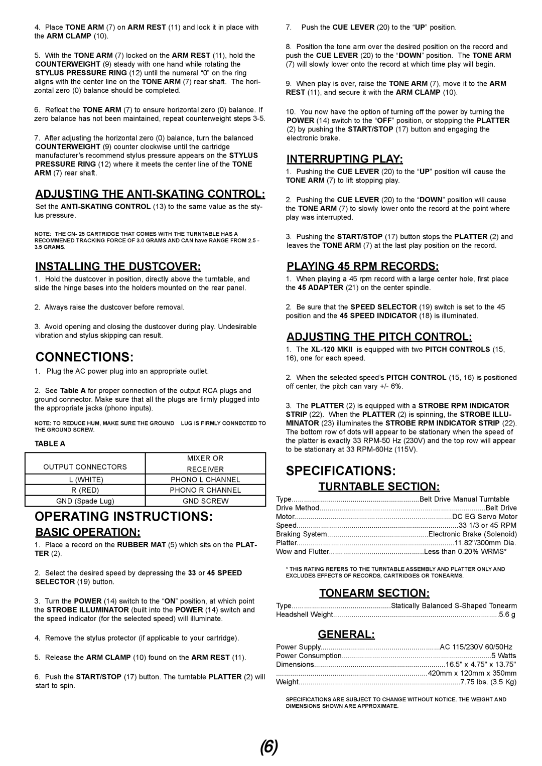 Gemini XL-120MKII manual Connections, Operating Instructions, Specifications 