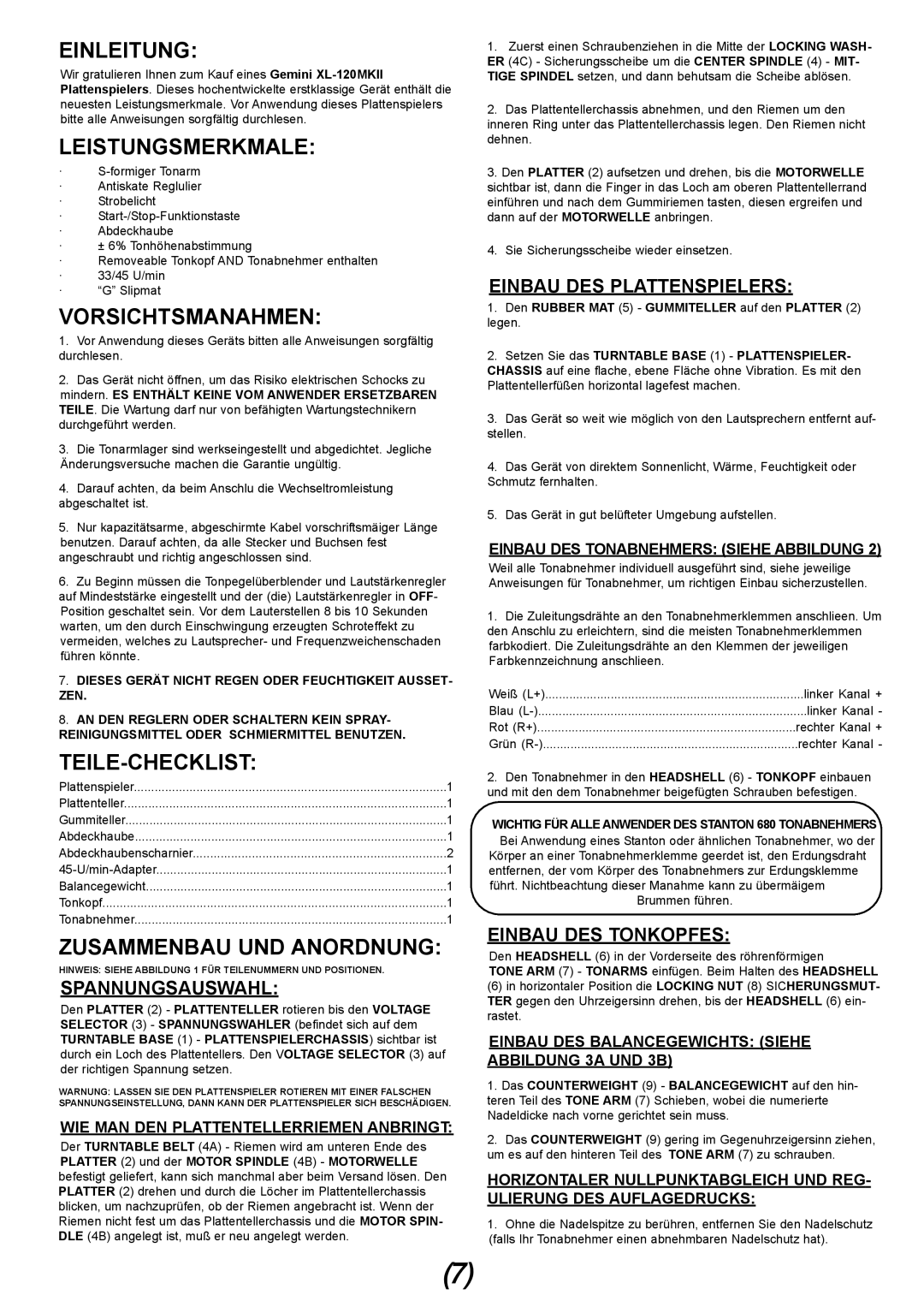 Gemini XL-120MKII manual Einleitung, Leistungsmerkmale, Vorsichtsmanahmen, Teile-Checklist, Zusammenbau UND Anordnung 