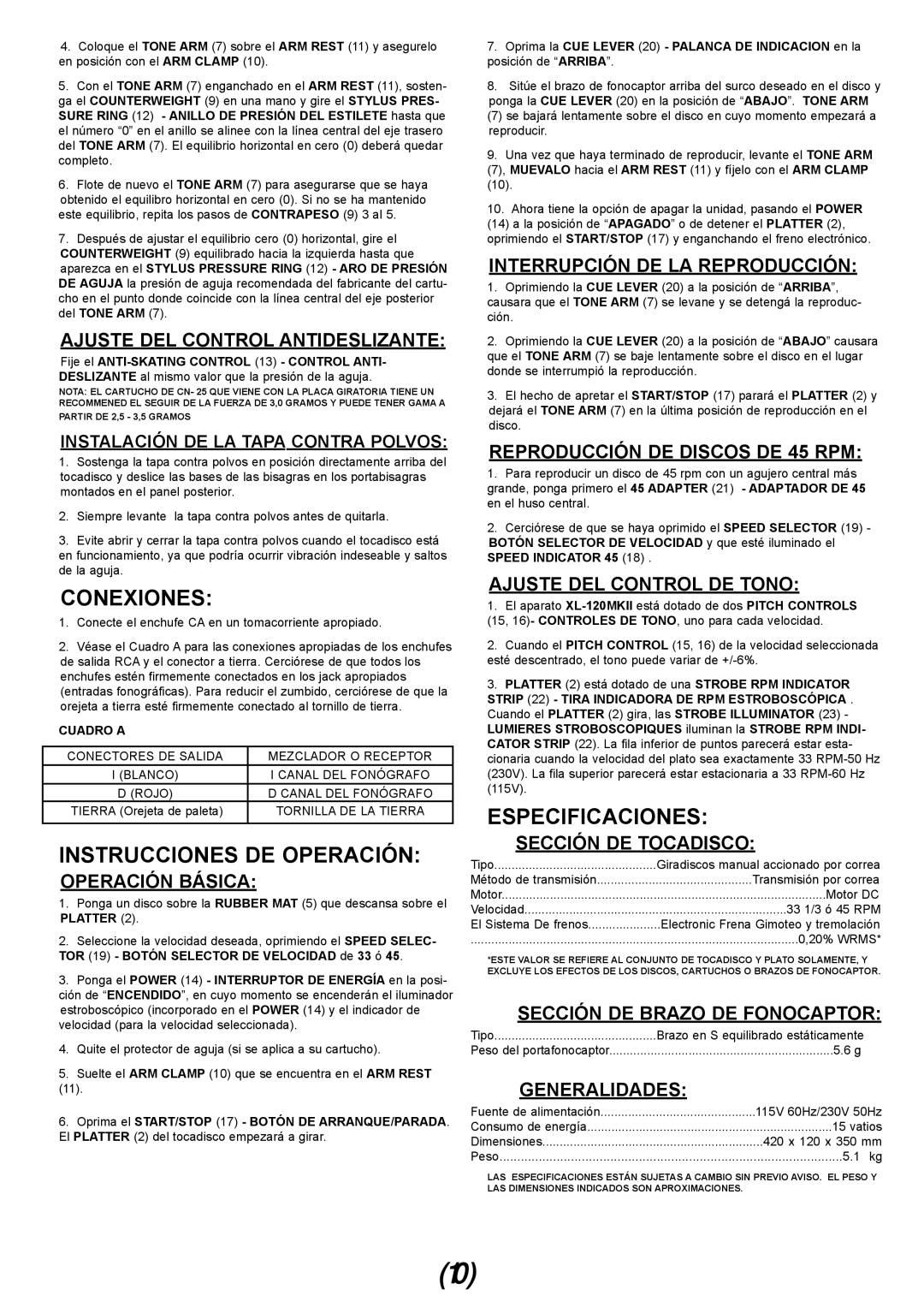 Gemini XL-120MKII manual Conexiones, Instrucciones De Operación, Especificaciones, Ajuste Del Control Antideslizante 