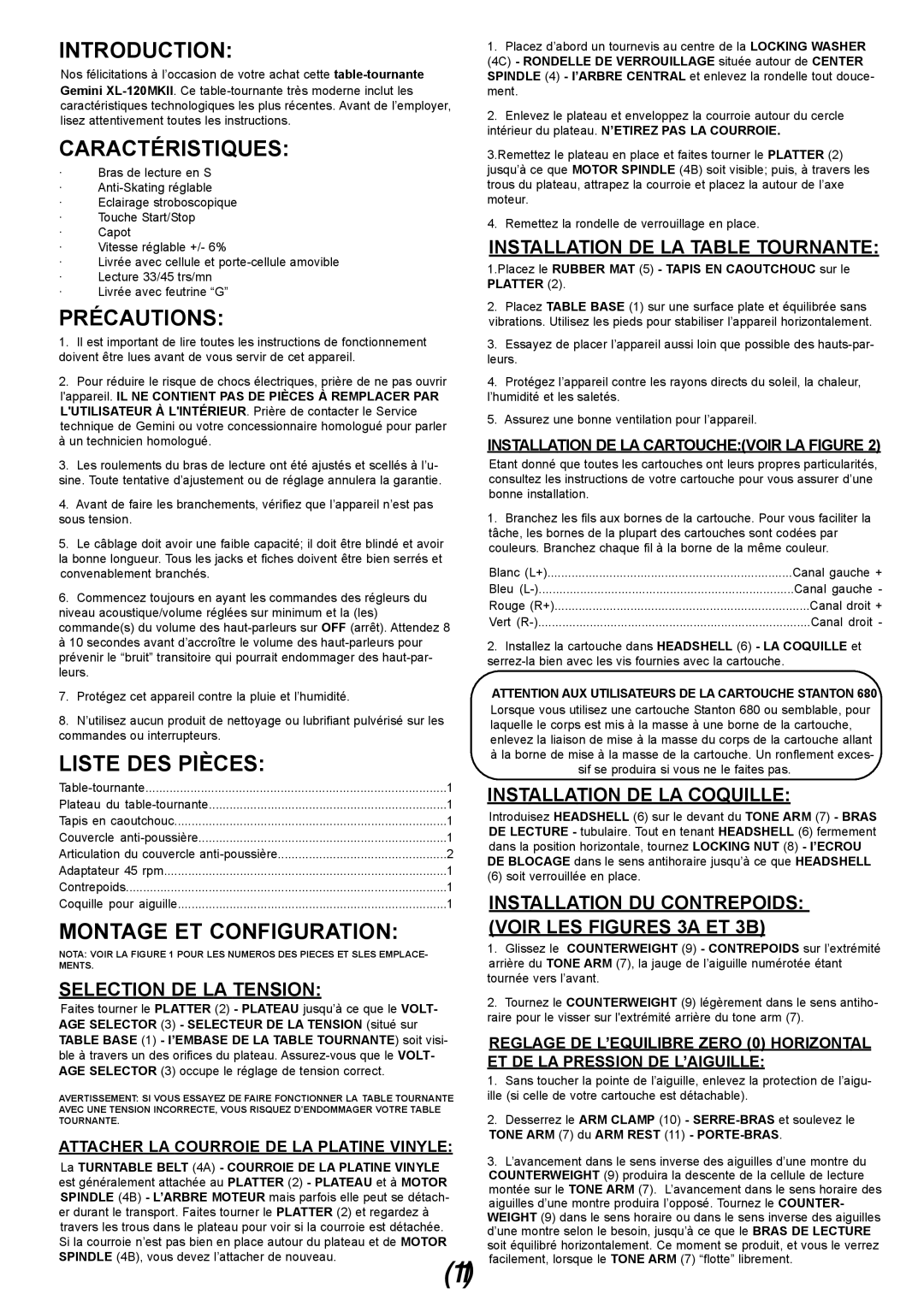 Gemini XL-120MKII manual Caractéristiques, Précautions, Liste Des Pièces, Montage Et Configuration, Selection De La Tension 