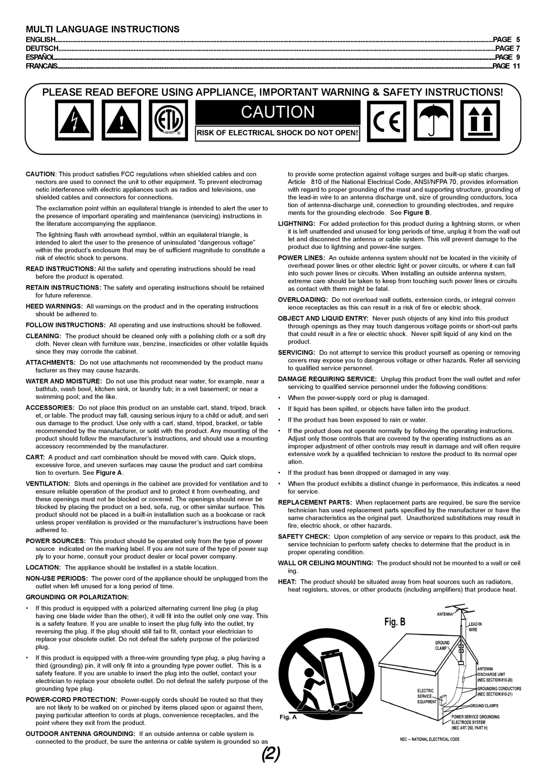 Gemini XL-120MKII manual Multi Language Instructions, Page, Risk Of Electrical Shock Do Not Open, Grounding Or Polarization 