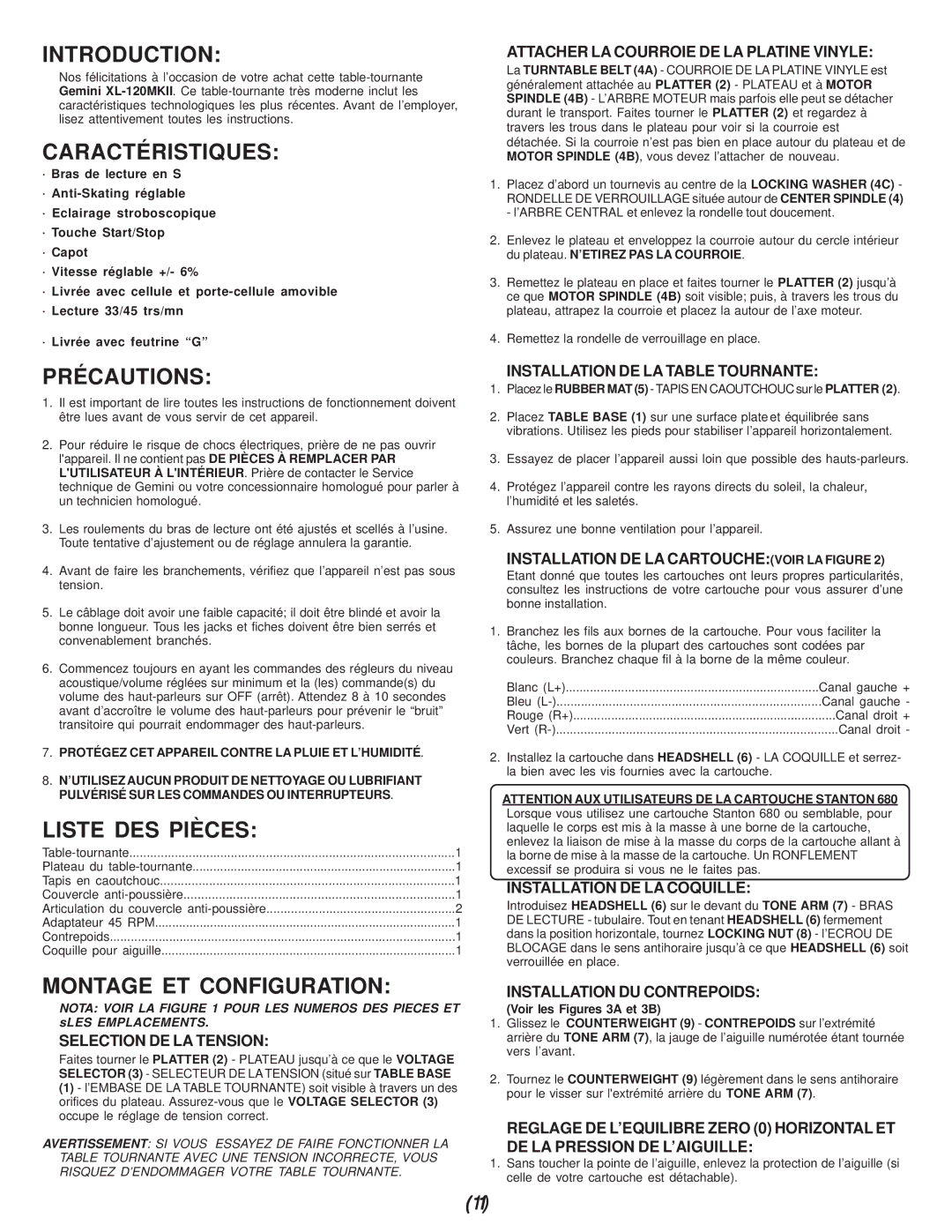 Gemini XL-120Mkll manual Caractéristiques, Précautions, Liste DES Pièces, Montage ET Configuration 