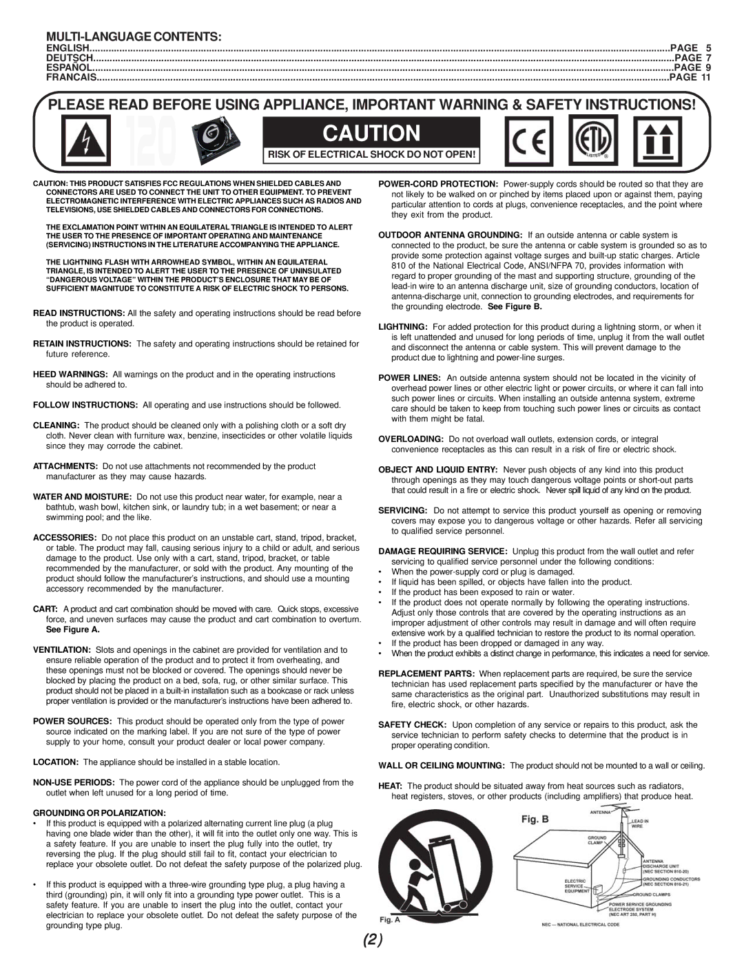 Gemini XL-120Mkll manual MULTI-LANGUAGE Contents, Risk of Electrical Shock do not Open 