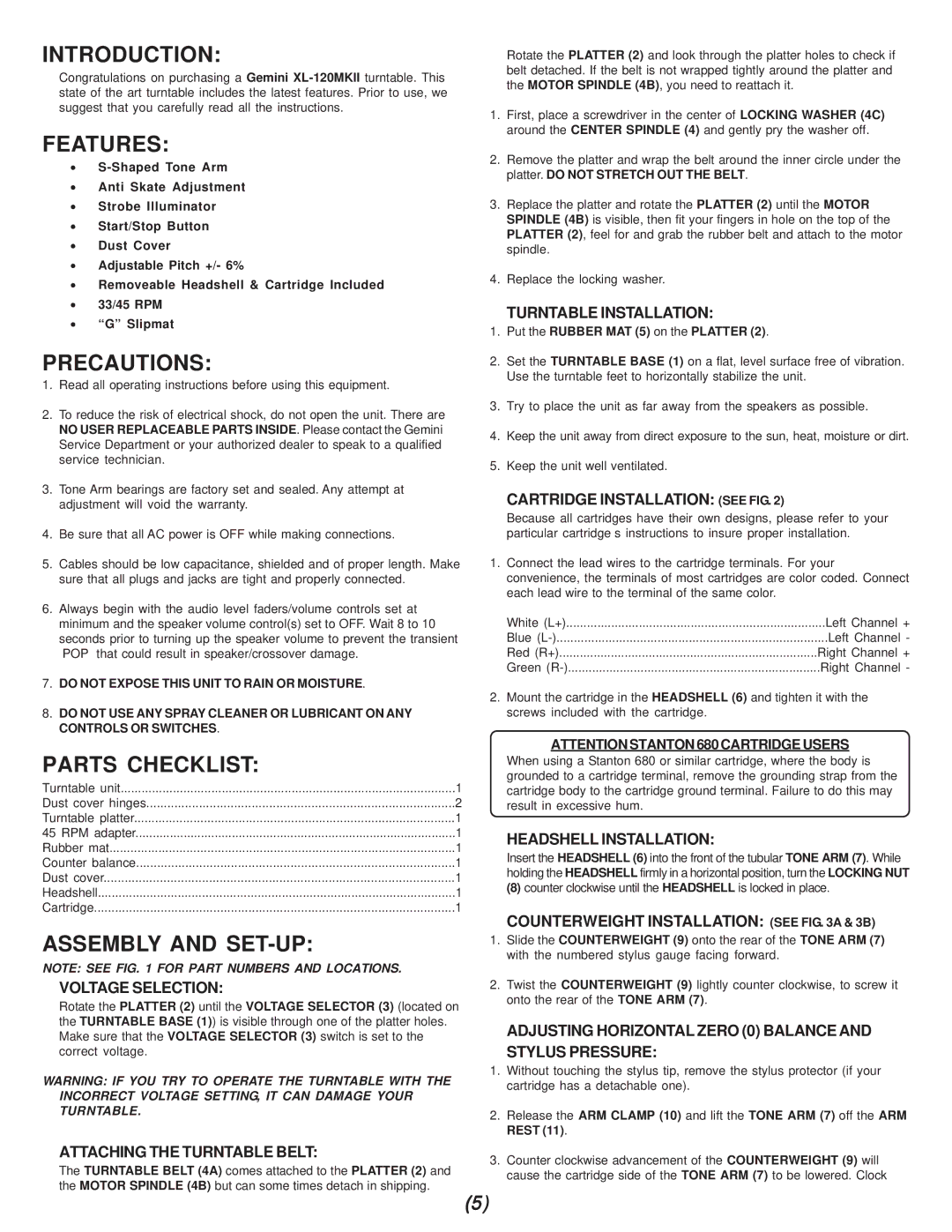 Gemini XL-120Mkll manual Introduction, Features, Precautions, Parts Checklist, Assembly and SET-UP 