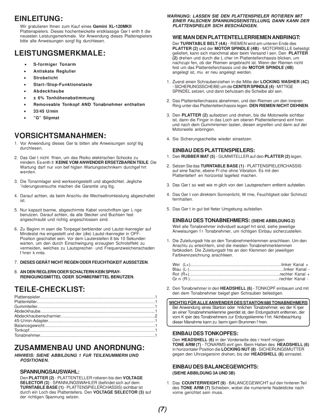 Gemini XL-120Mkll manual Einleitung, Leistungsmerkmale, Vorsichtsmanahmen, Teile-Checklist, Zusammenbau UND Anordnung 