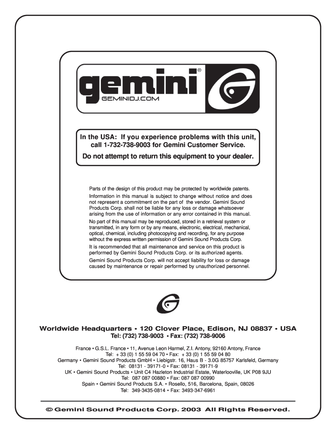 Gemini XL-1800Q IV manual call 1-732-738-9003for Gemini Customer Service, Tel 732 738-9003 Fax 