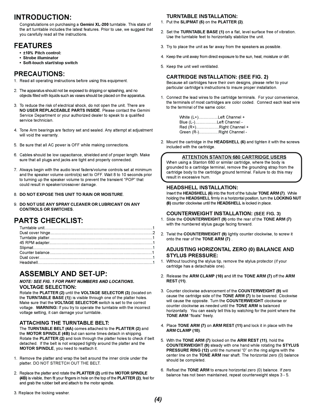 Gemini XL-200 manual Introduction, Features, Parts Checklist, Assembly and SET-UP 