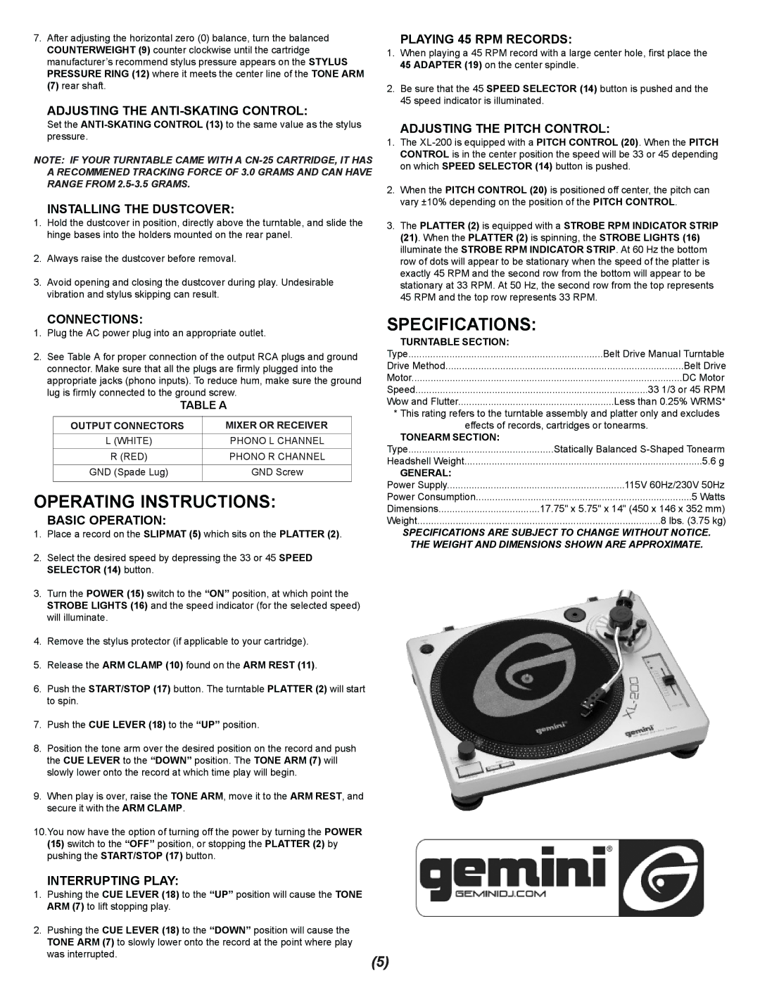 Gemini XL-200 manual Operating Instructions, Specifications 