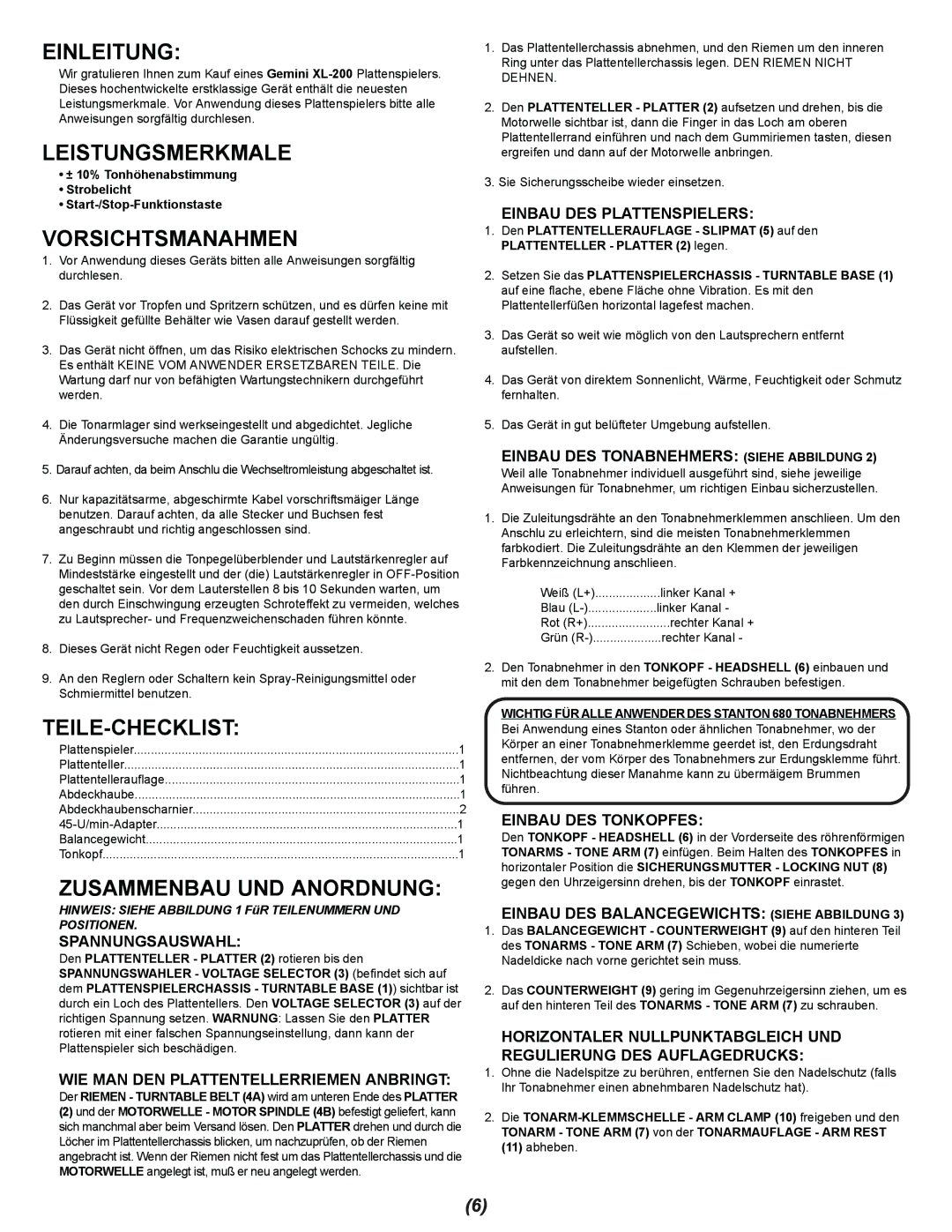 Gemini XL-200 manual Einleitung, Leistungsmerkmale, Vorsichtsmanahmen, Teile-Checklist, Zusammenbau UND Anordnung 