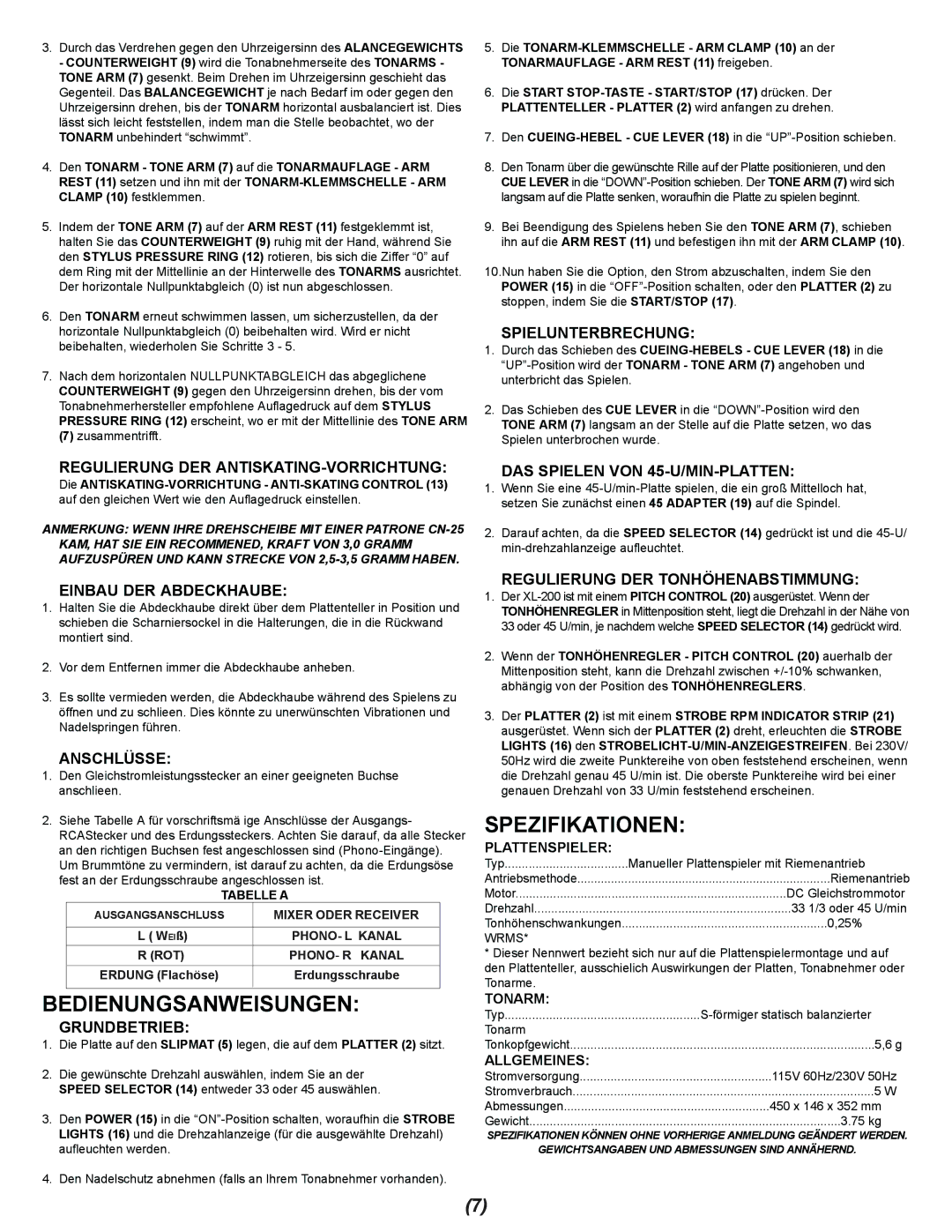 Gemini XL-200 manual Bedienungsanweisungen, Spezifikationen 