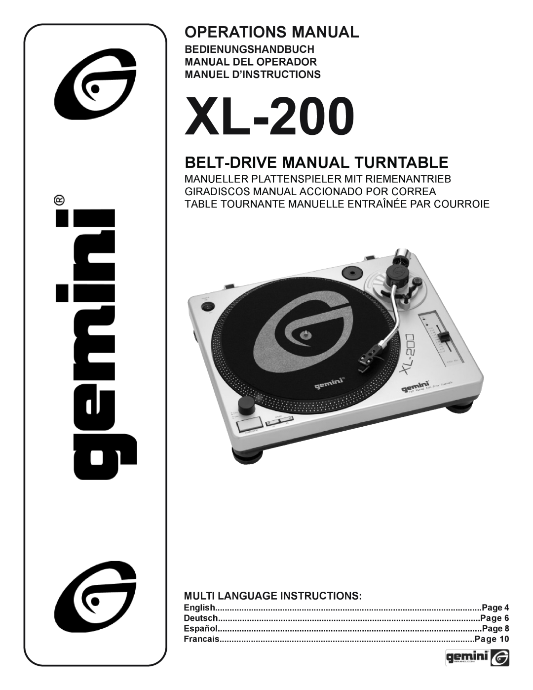 Gemini XL-200 manual Bedienungshandbuch Manual Del Operador, Manuel D’Instructions, Multi Language Instructions, Page 