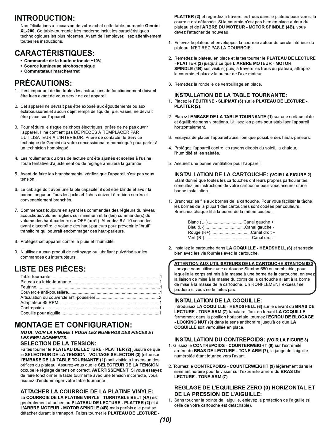 Gemini XL-200 manual Caractéristiques, Précautions, Liste Des Pièces, Montage Et Configuration, Selection De La Tension 