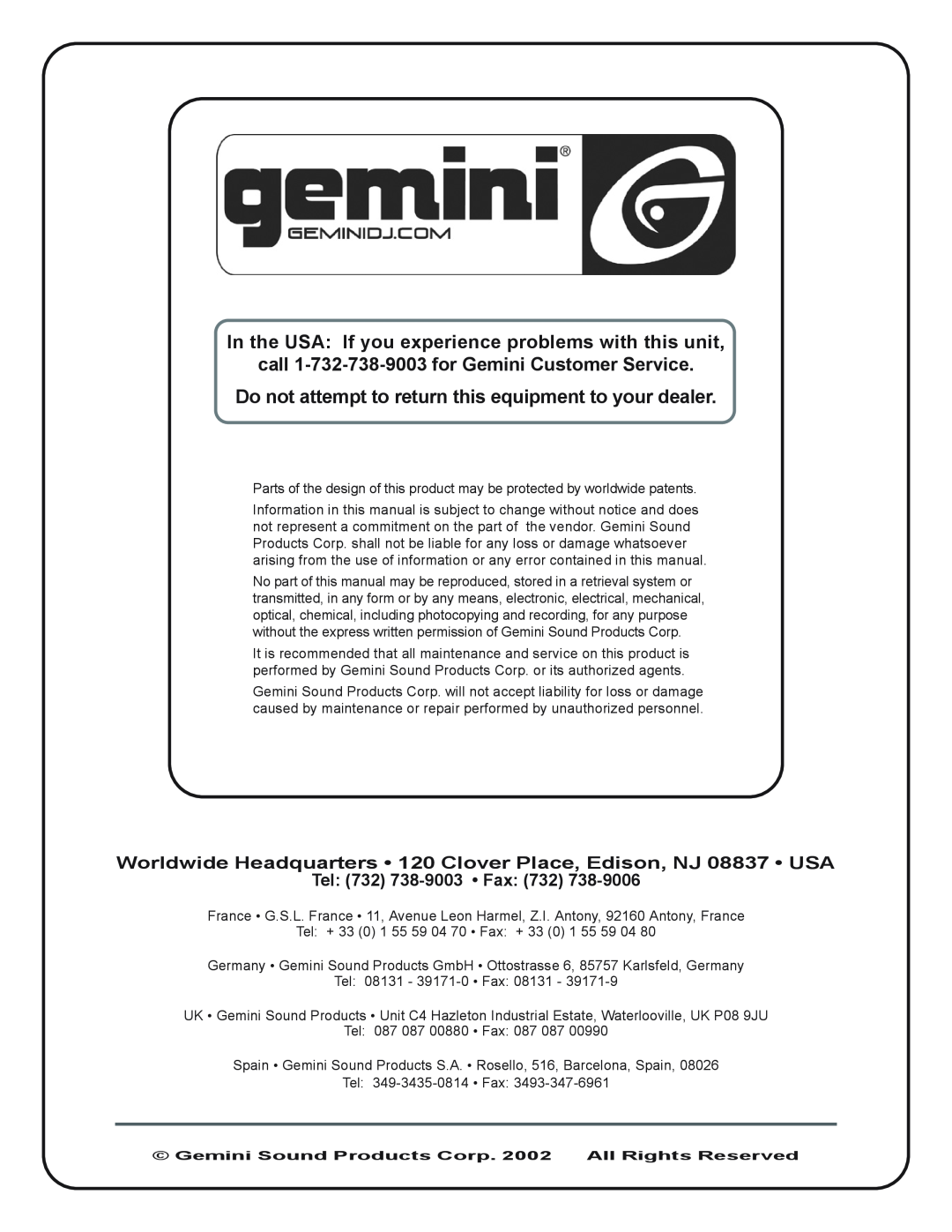 Gemini XL-200 manual call 1-732-738-9003for Gemini Customer Service, Tel 732 738-9003 Fax 