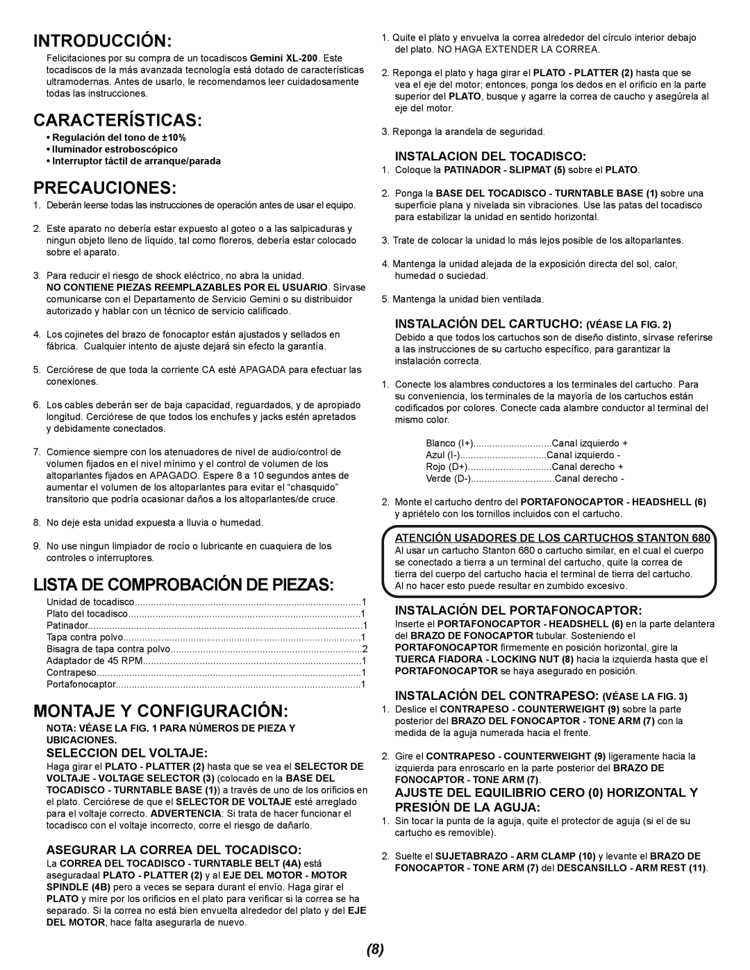 Gemini XL-200 manual Introducción, Características, Precauciones, Montaje Y Configuración, Seleccion Del Voltaje 