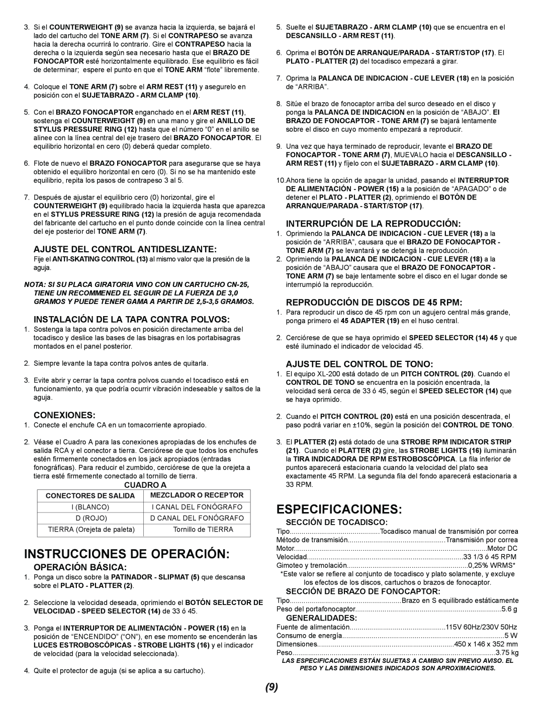 Gemini XL-200 manual Instrucciones De Operación, Especificaciones, Ajuste Del Control Antideslizante, Conexiones, Cuadro A 