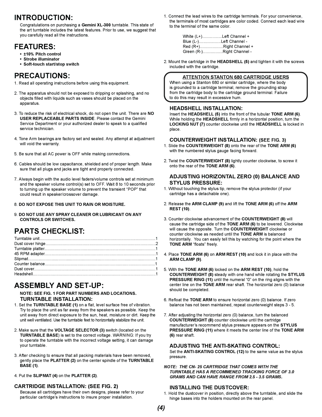 Gemini XL-300 manual Introduction, Features, Precautions, Parts Checklist, Assembly and SET-UP 