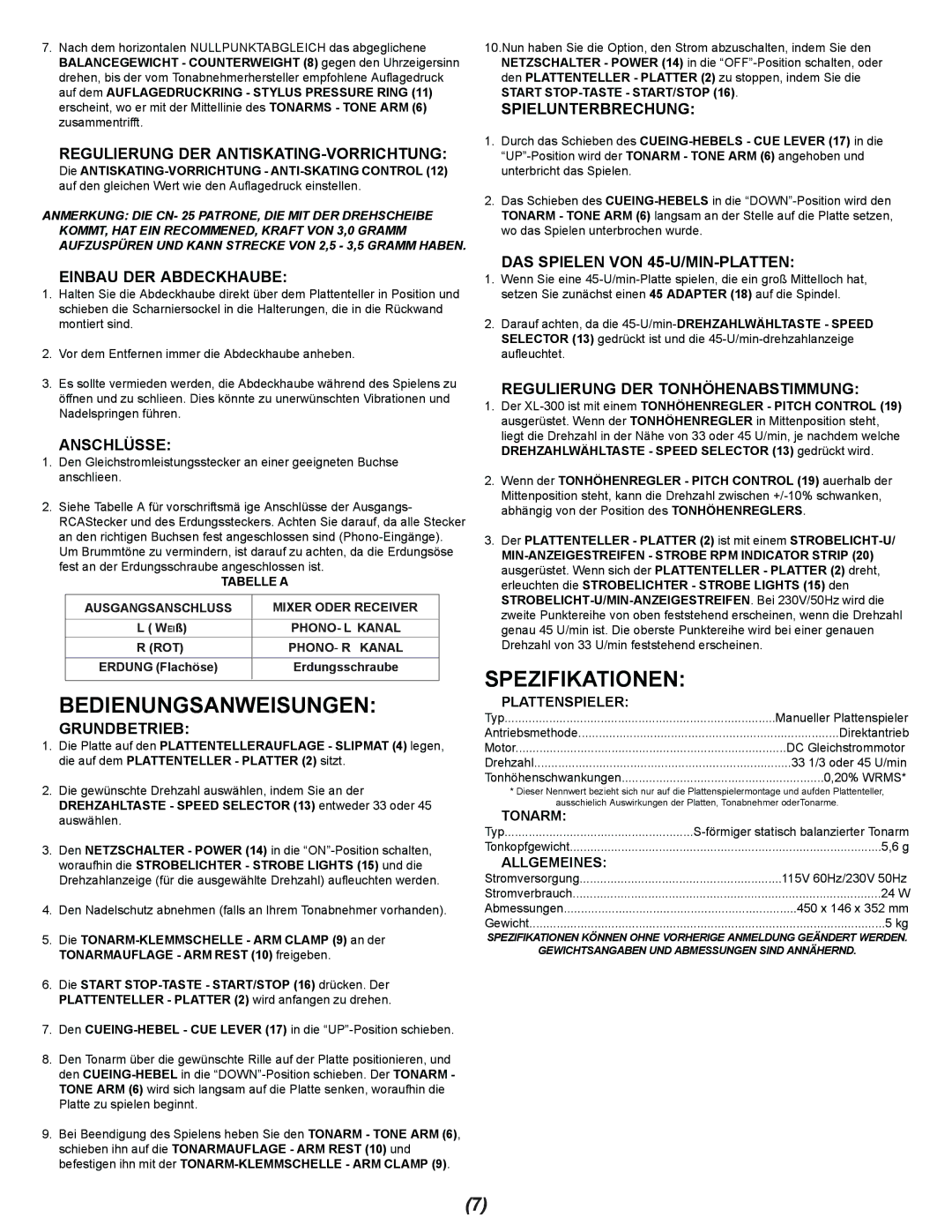 Gemini XL-300 manual Bedienungsanweisungen, Spezifikationen 