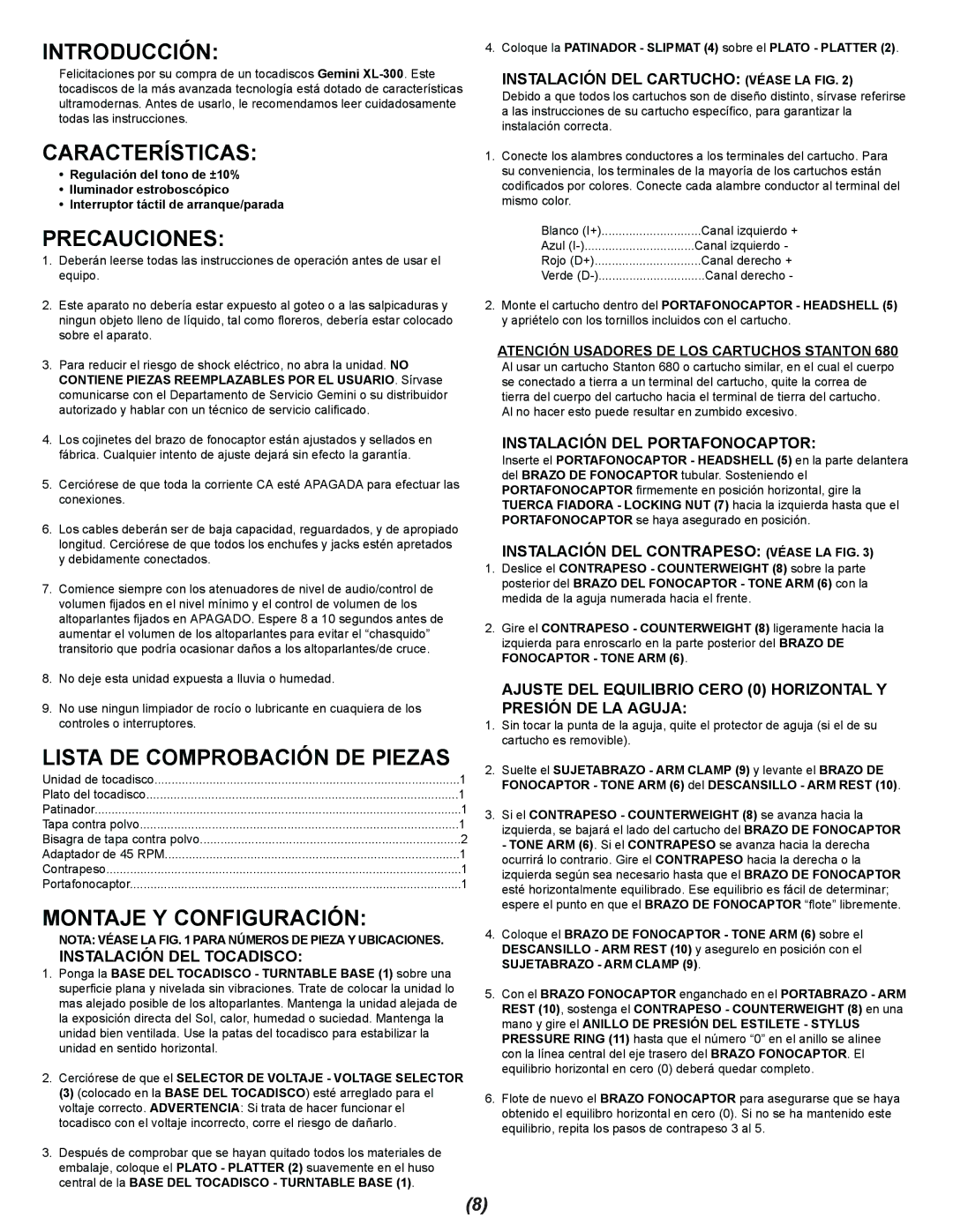 Gemini XL-300 manual Introducción, Características, Precauciones, Lista DE Comprobación DE Piezas, Montaje Y Configuración 