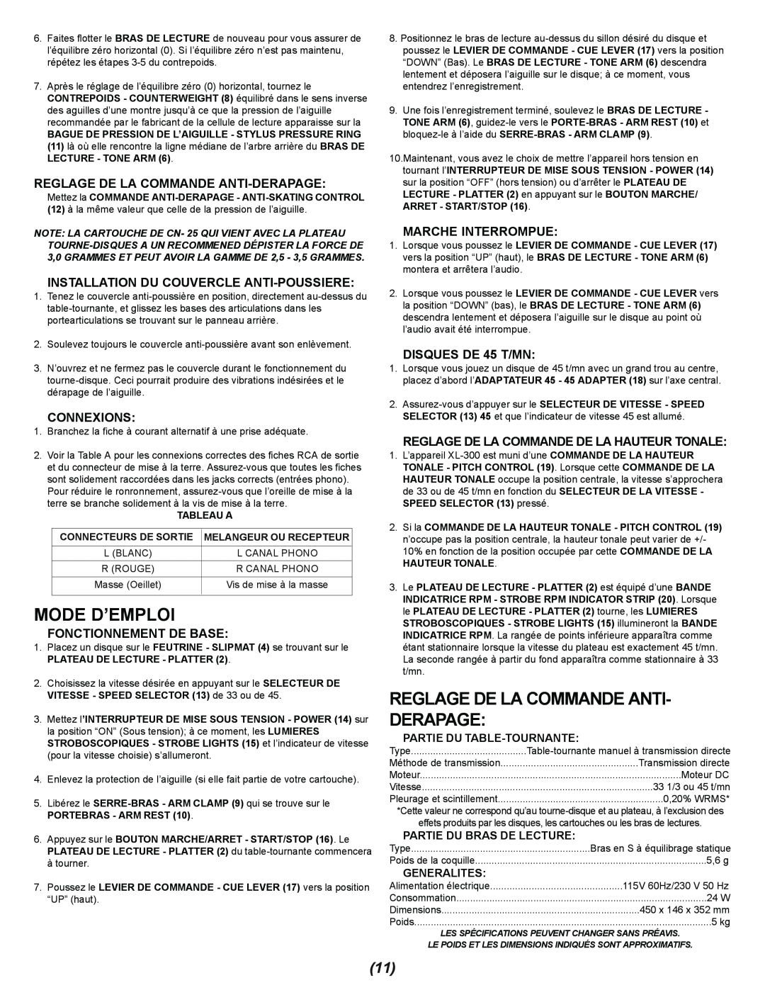 Gemini XL-300 manual Mode D’Emploi, Reglage De La Commande Anti- Derapage, Reglage De La Commande Anti-Derapage, Connexions 