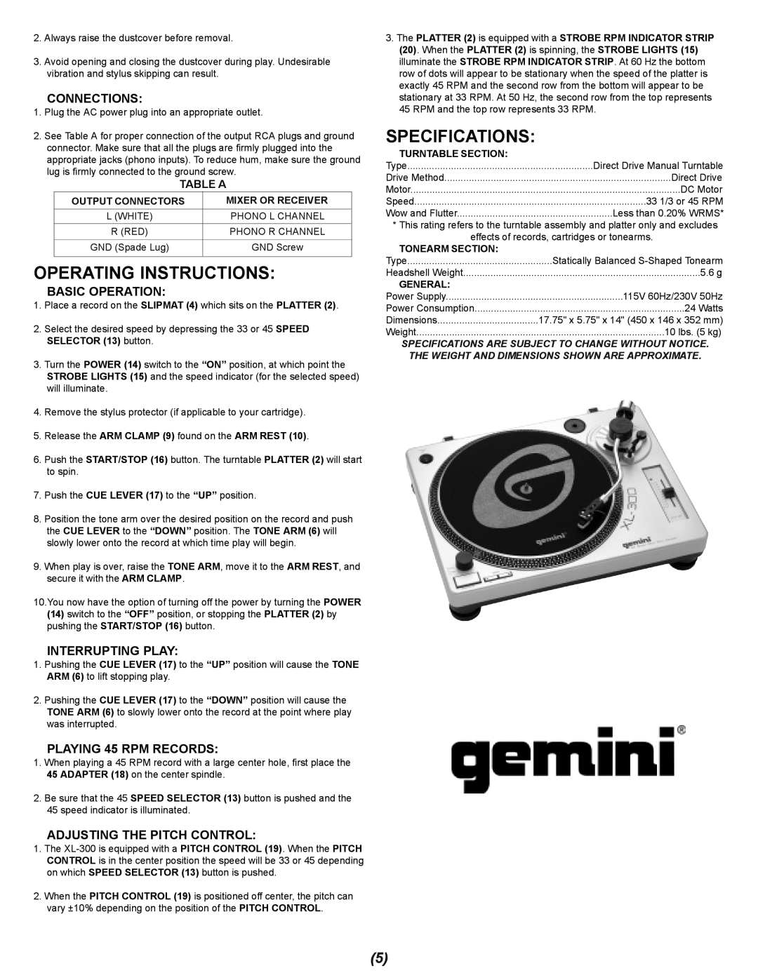 Gemini XL-300 manual Operating Instructions, Specifications, Connections, Basic Operation, Interrupting Play, Table A 