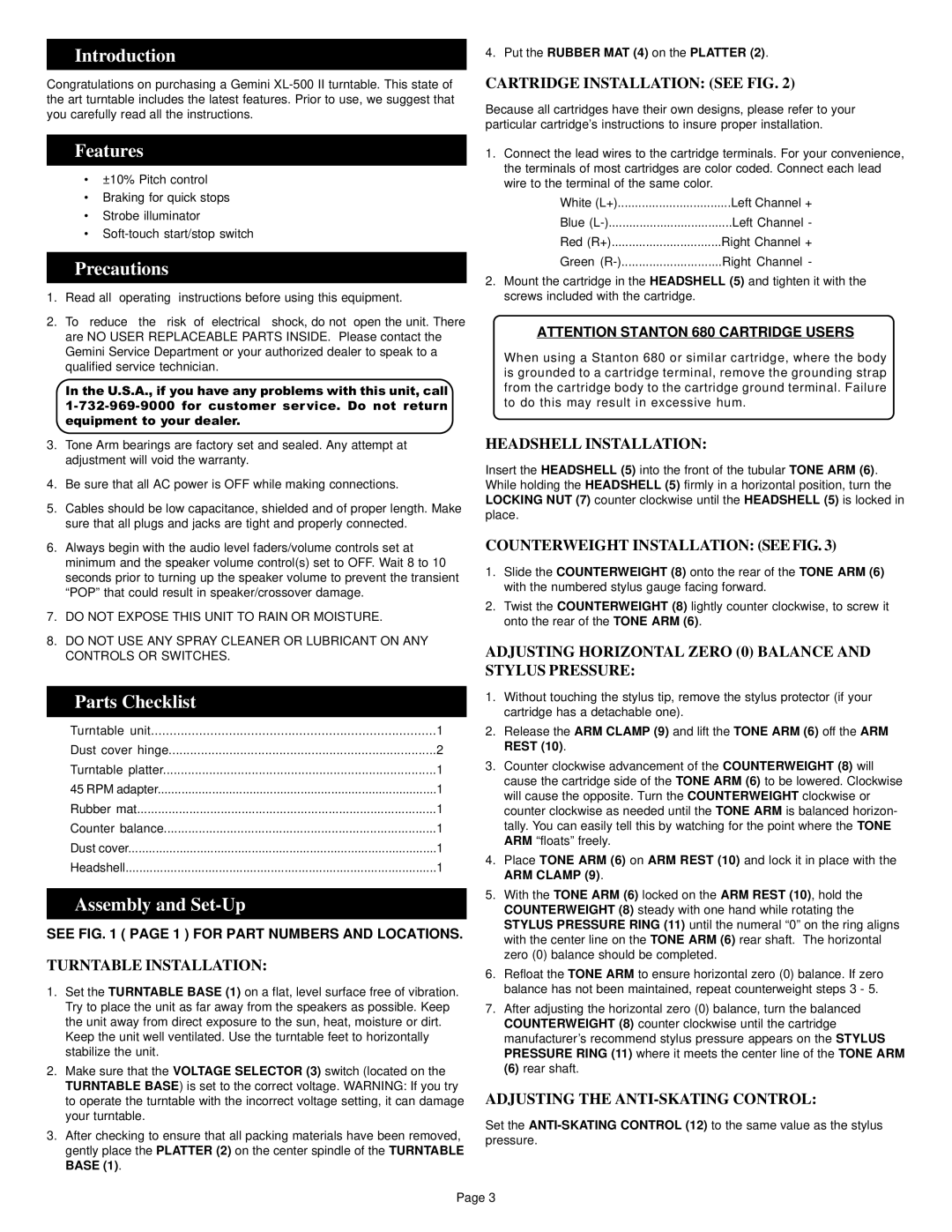 Gemini XL-500 II manual Introduction, Features, Precautions, Parts Checklist, Assembly and Set-Up 